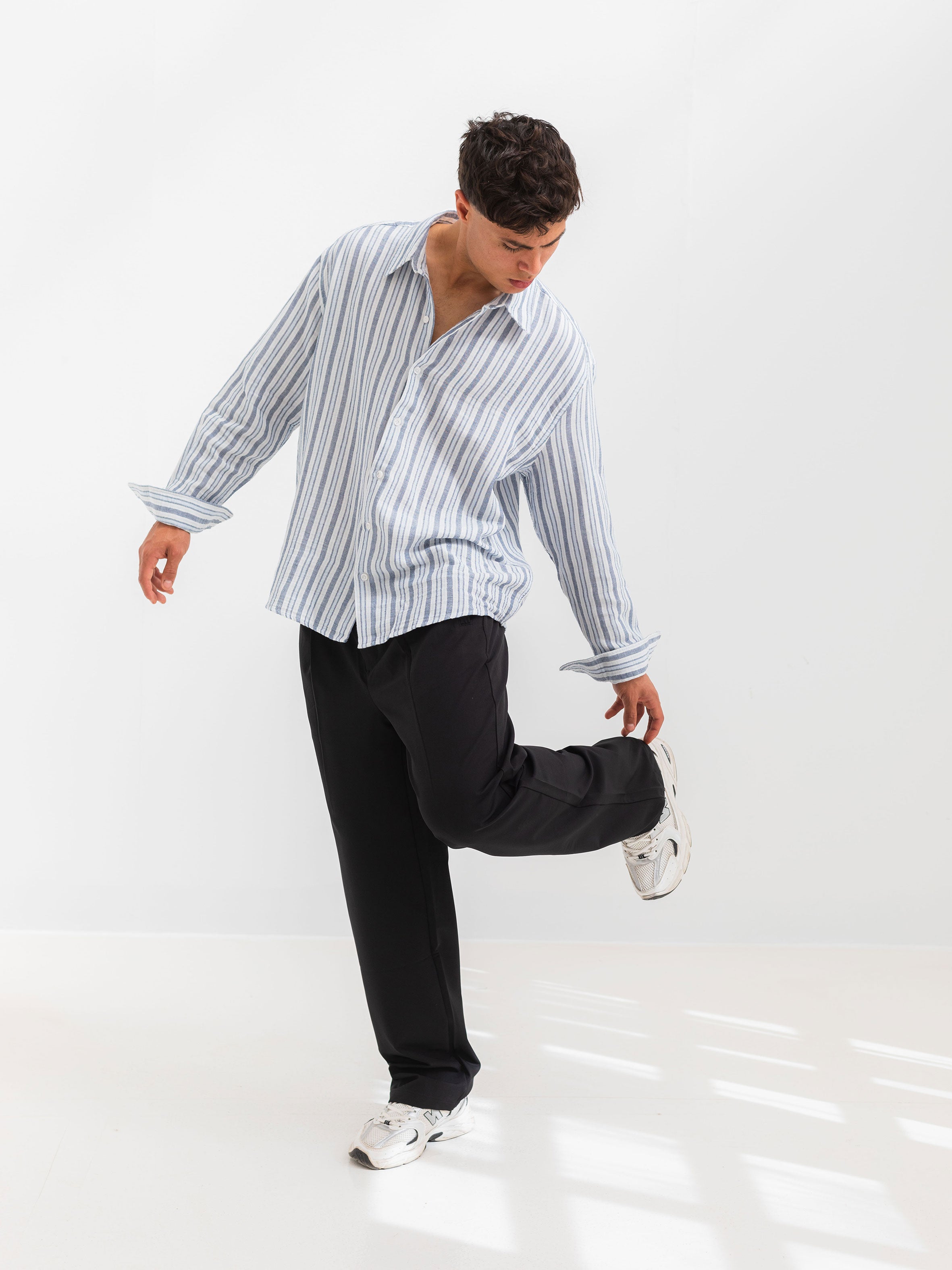 OVERSIZE FIT LINEN-COTTON SHIRT - Striped Navy