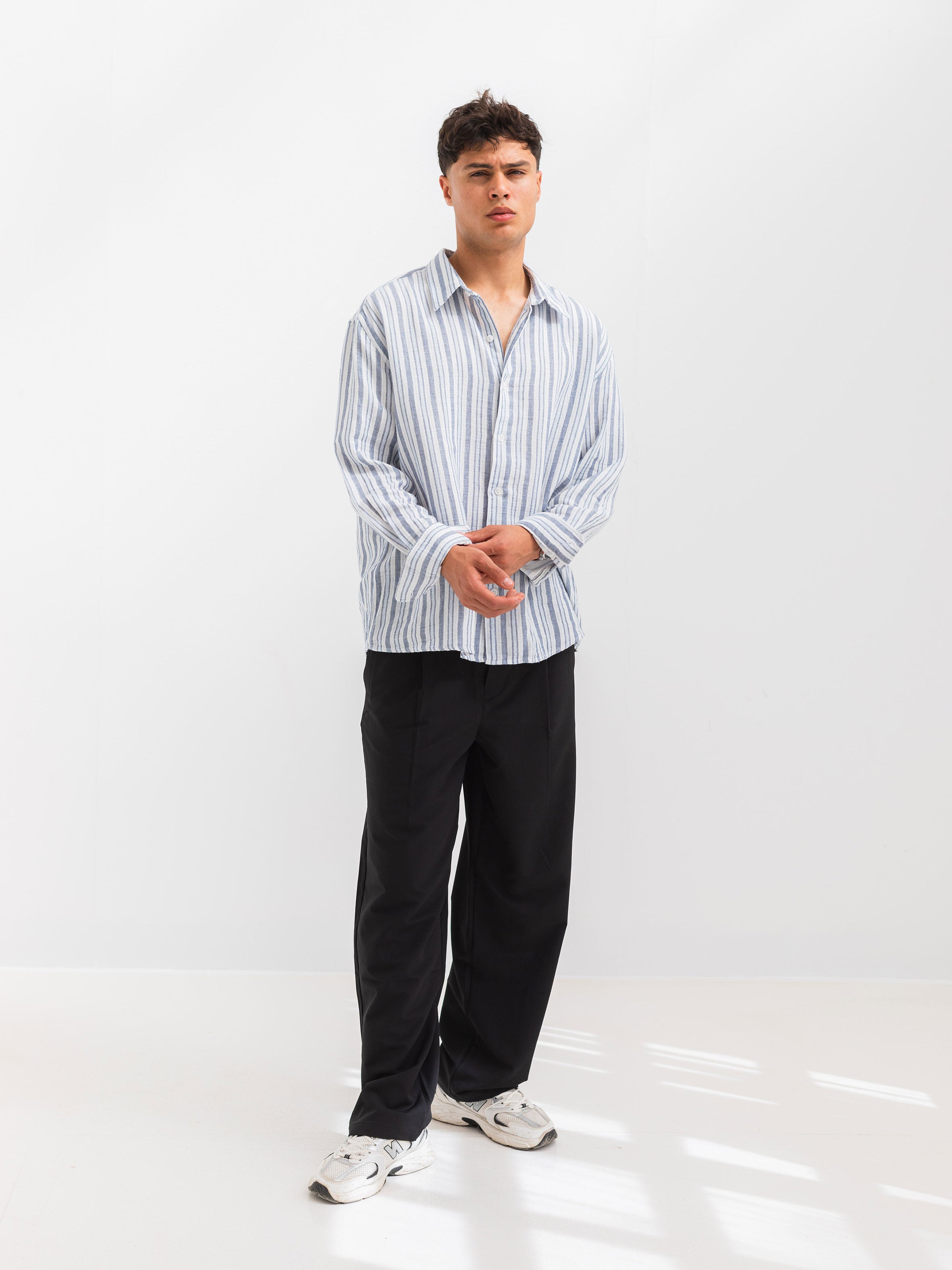 OVERSIZE FIT LINEN-COTTON SHIRT - Striped Navy