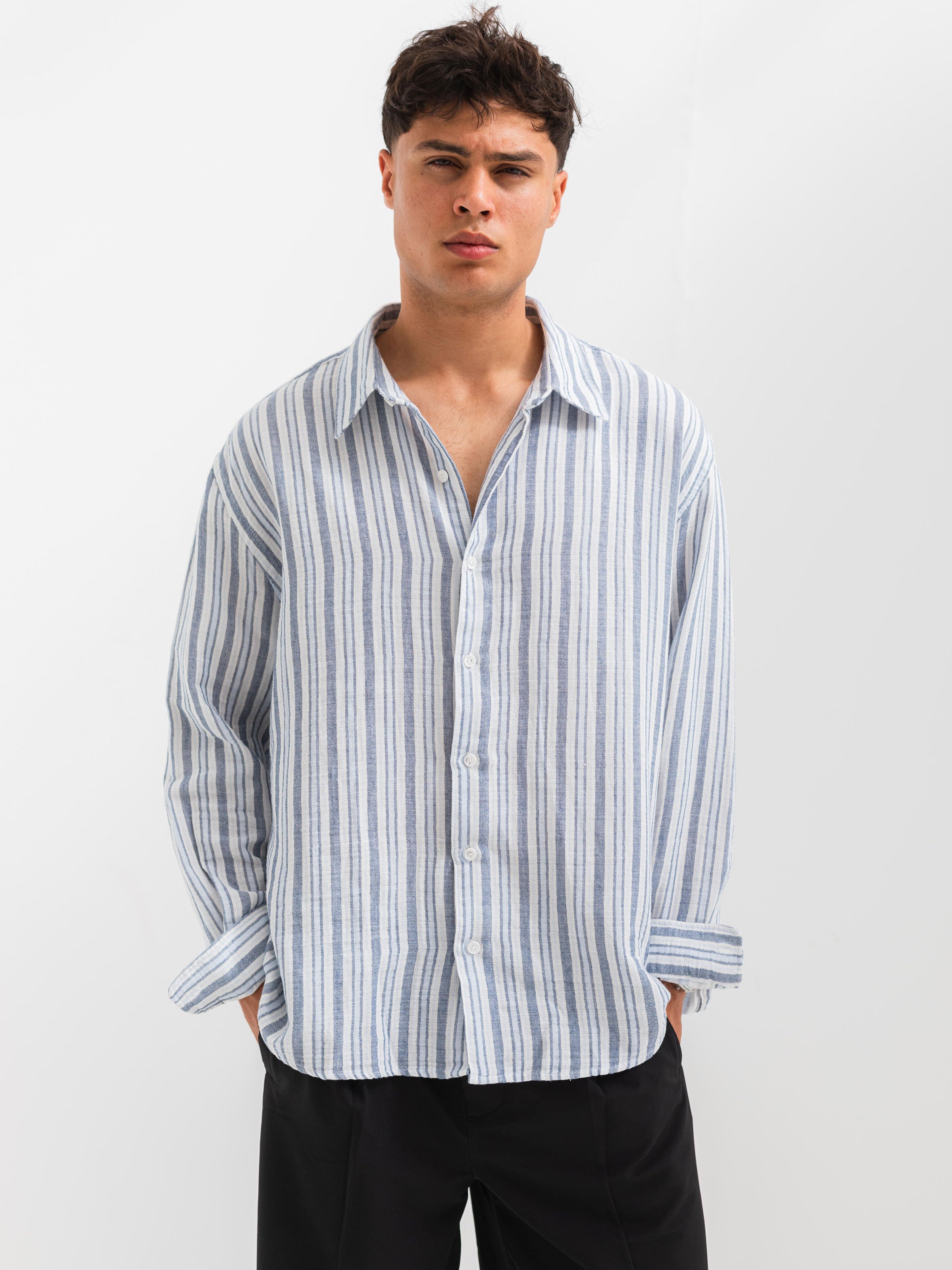 OVERSIZE FIT LINEN-COTTON SHIRT - Striped Navy