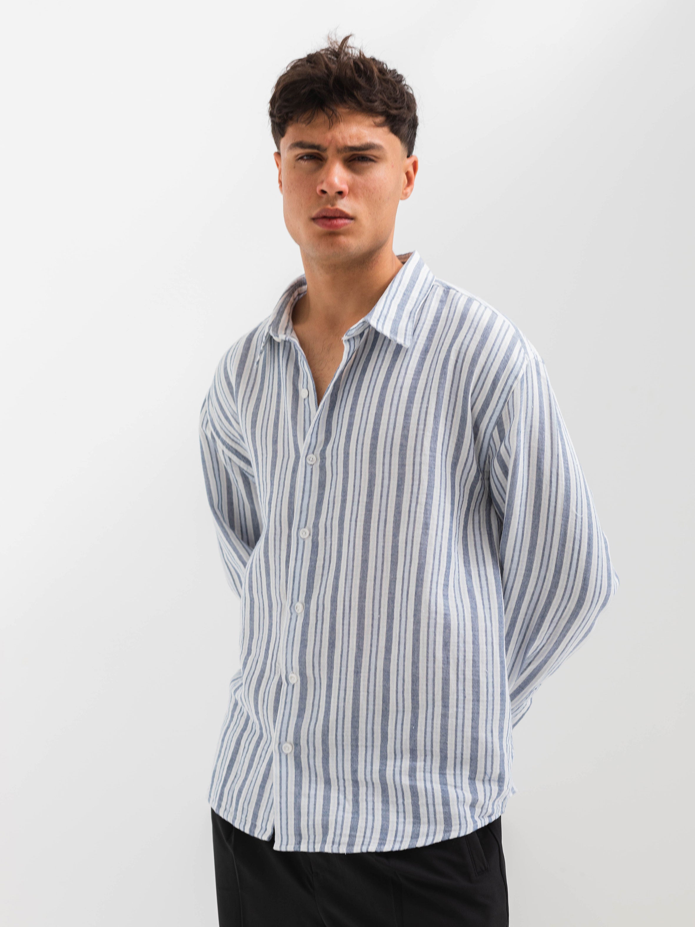 OVERSIZE FIT LINEN-COTTON SHIRT - Striped Navy