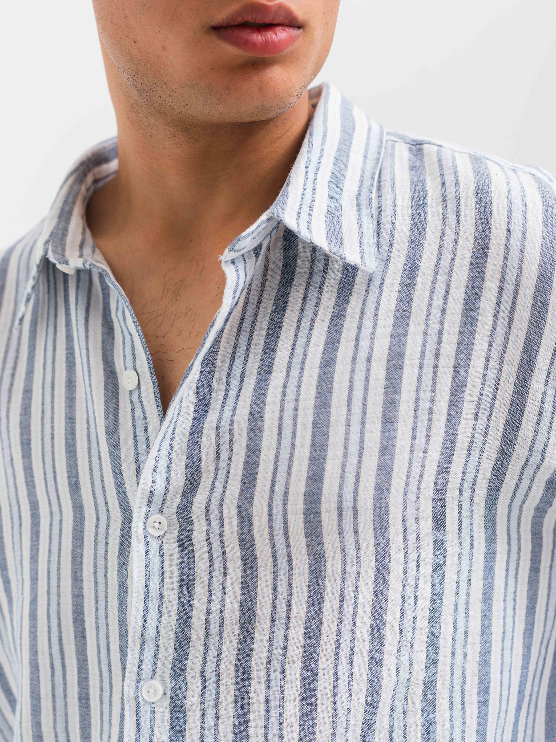 OVERSIZE FIT LINEN-COTTON SHIRT - Striped Navy