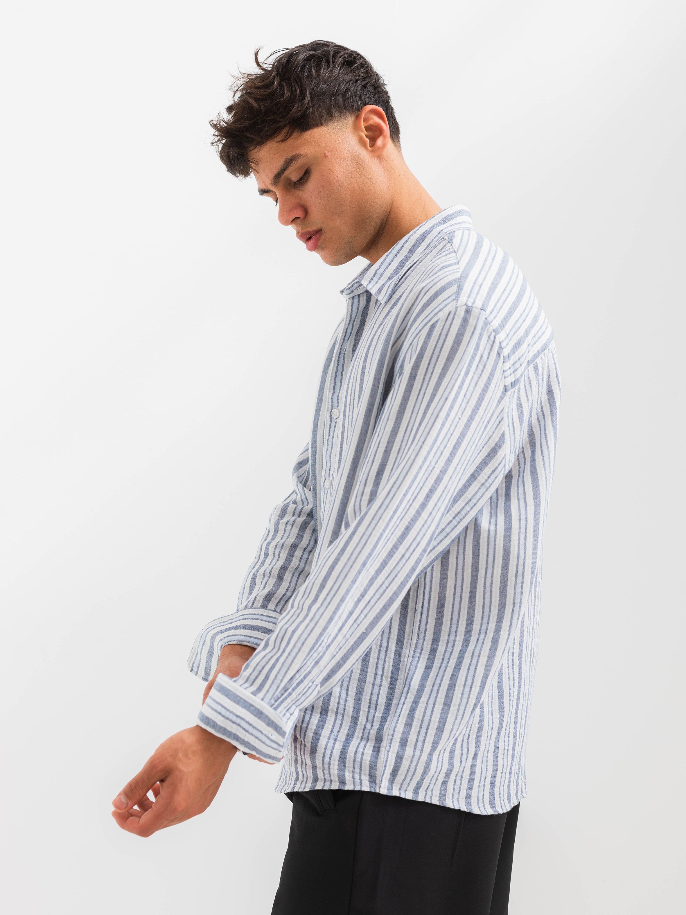 OVERSIZE FIT LINEN-COTTON SHIRT - Striped Navy