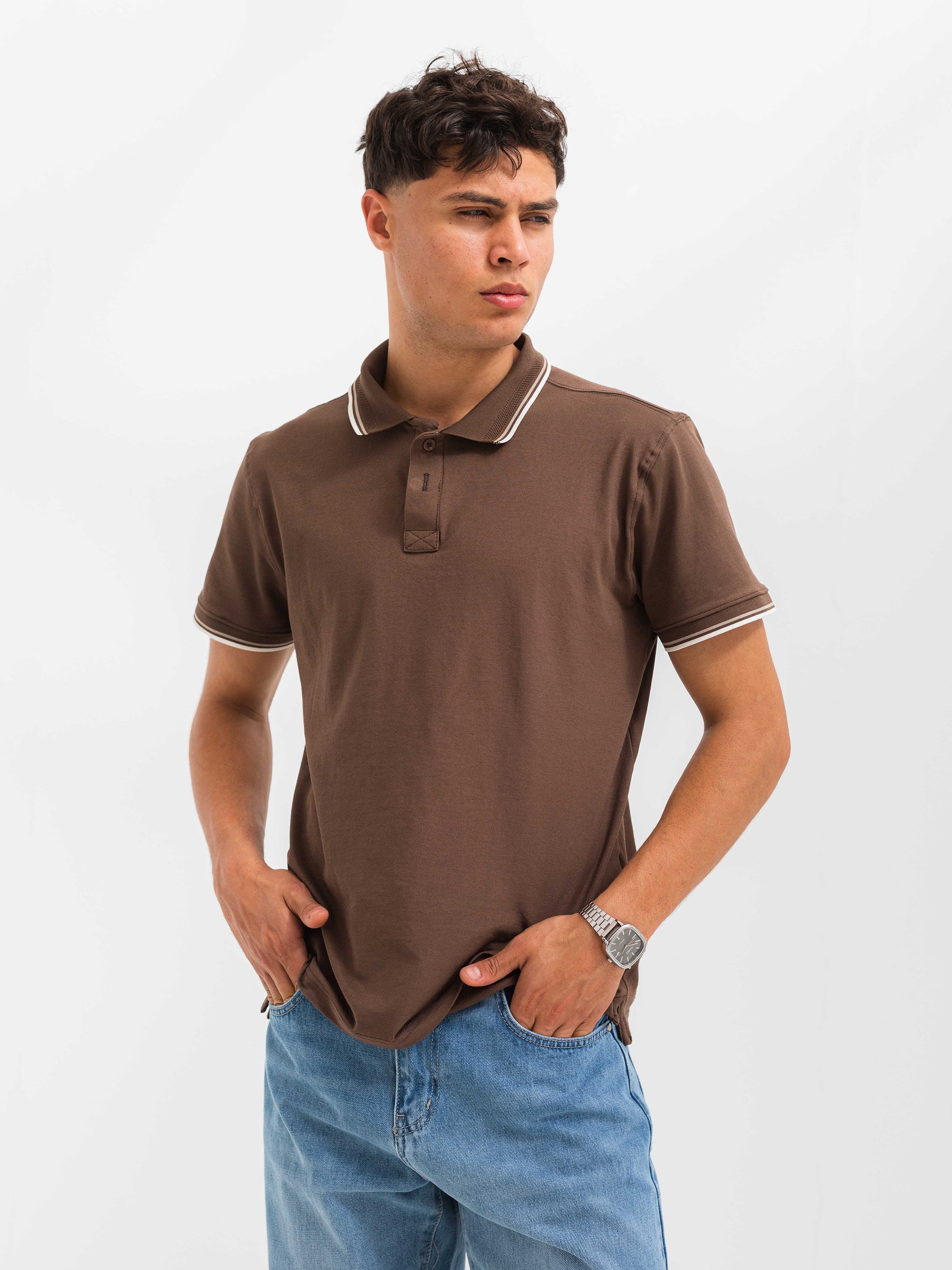 PIQUÉ POLO SHIRT LINE DETAILS - Brown
