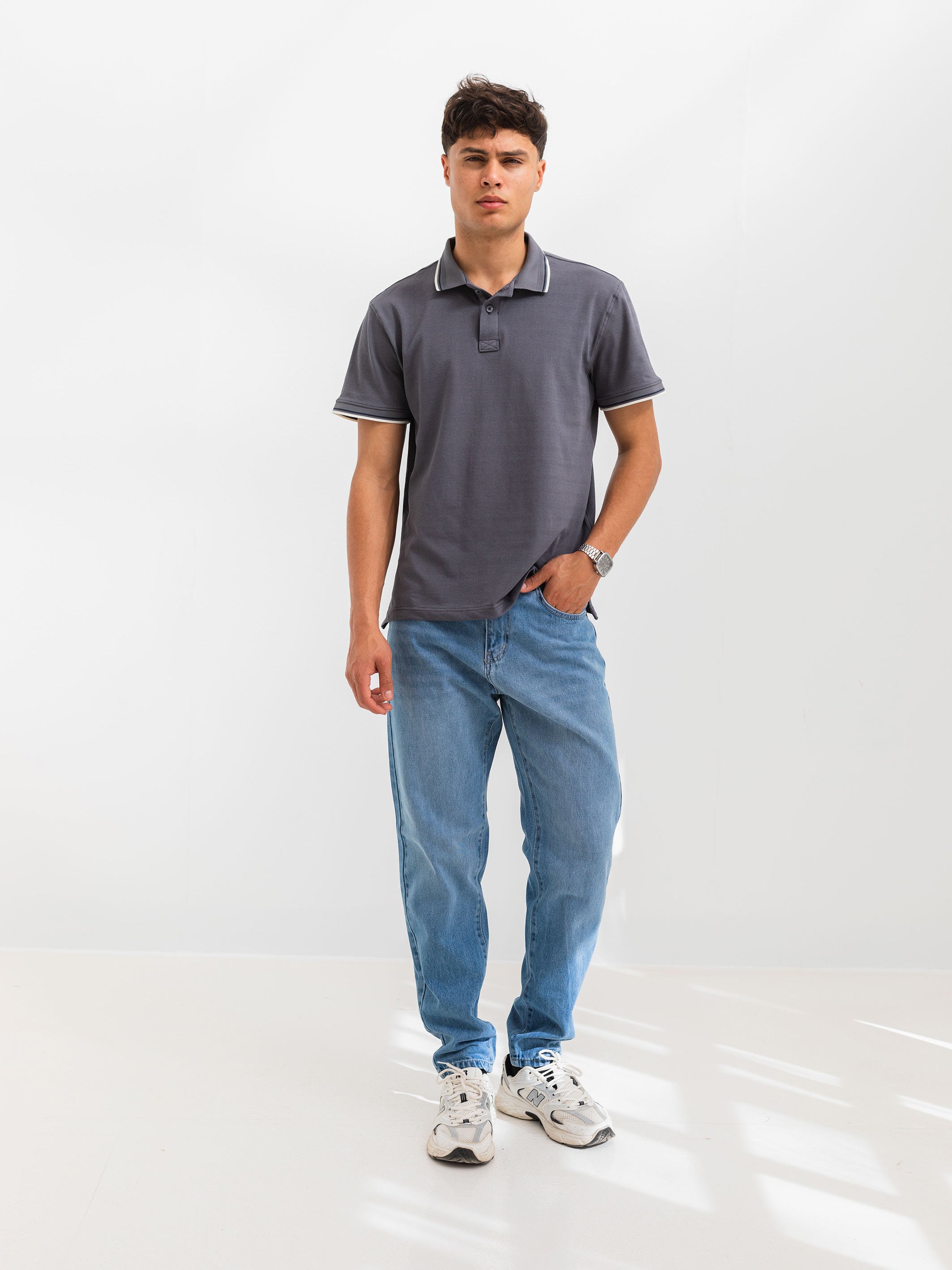 PIQUÉ POLO SHIRT LINE DETAILS - Grey