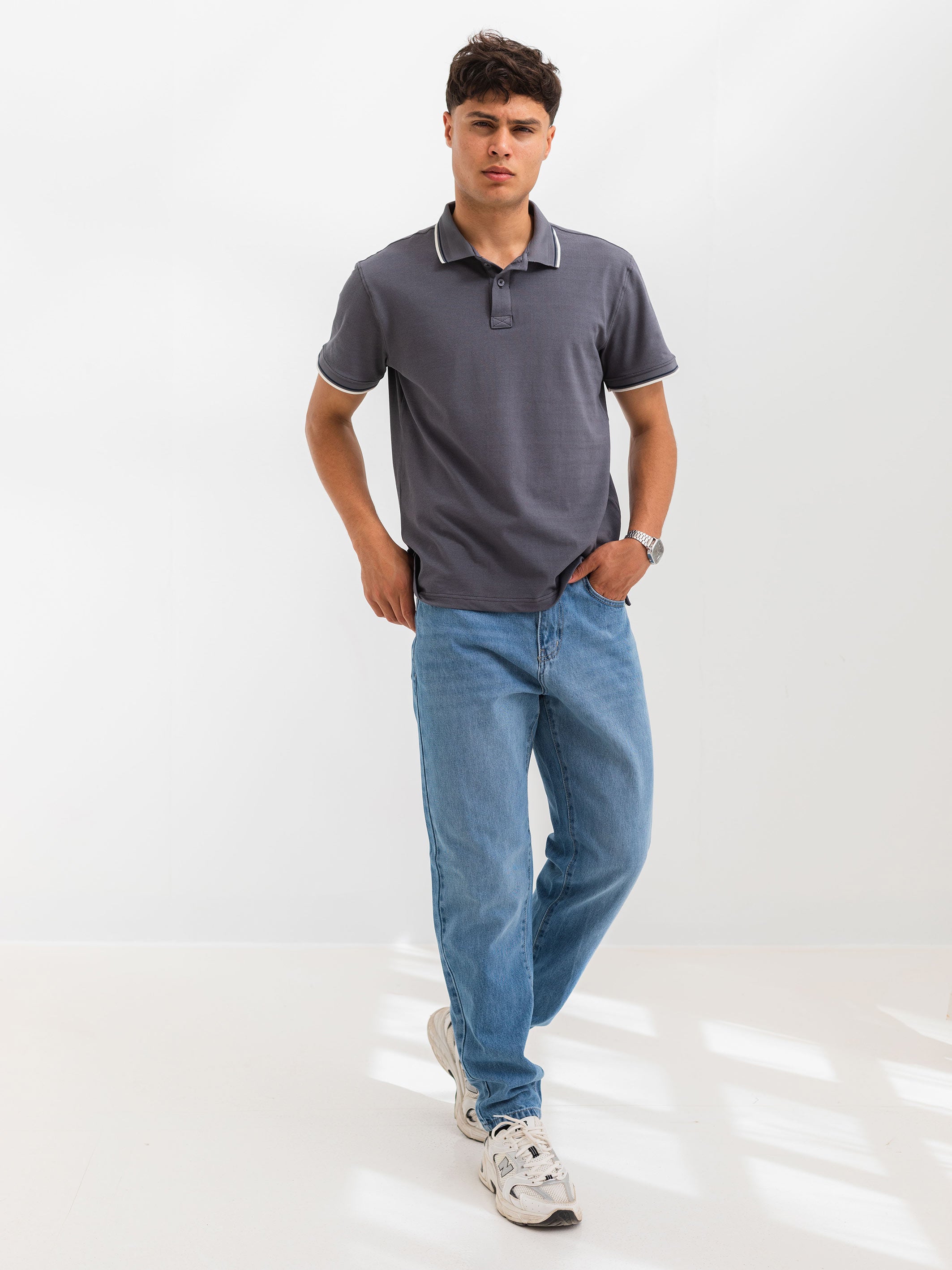 PIQUÉ POLO SHIRT LINE DETAILS - Grey