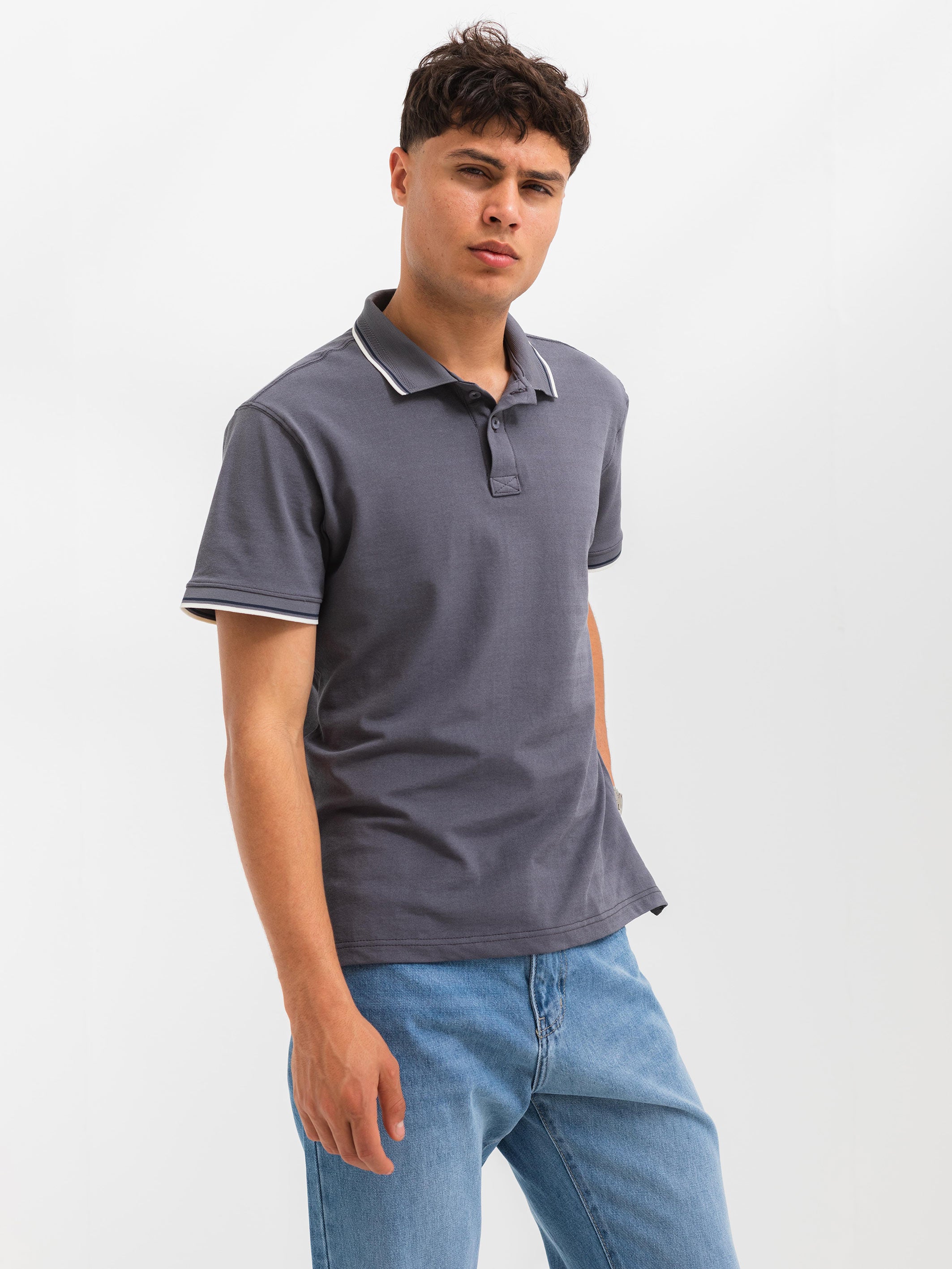 PIQUÉ POLO SHIRT LINE DETAILS - Grey