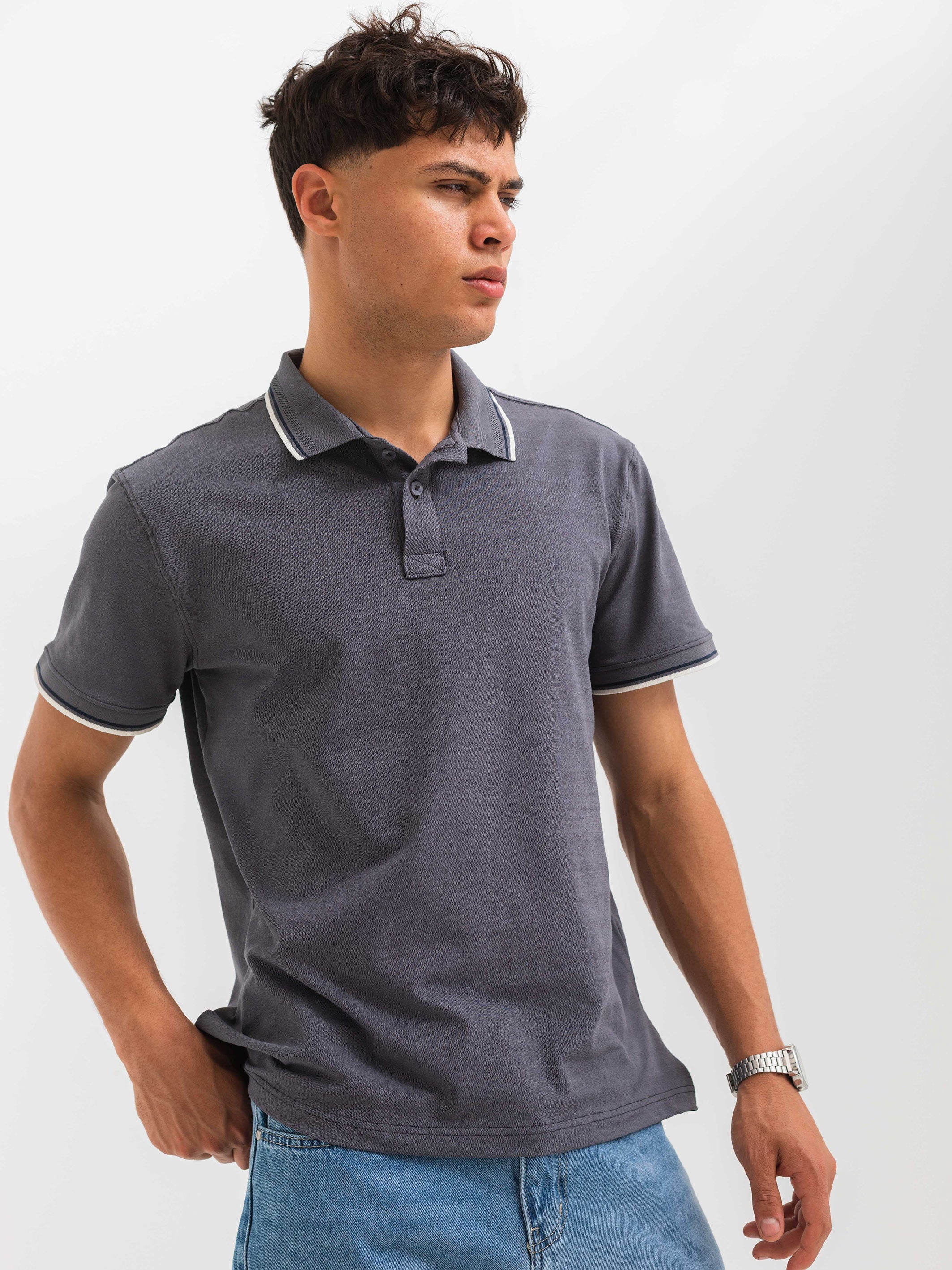 PIQUÉ POLO SHIRT LINE DETAILS - Grey