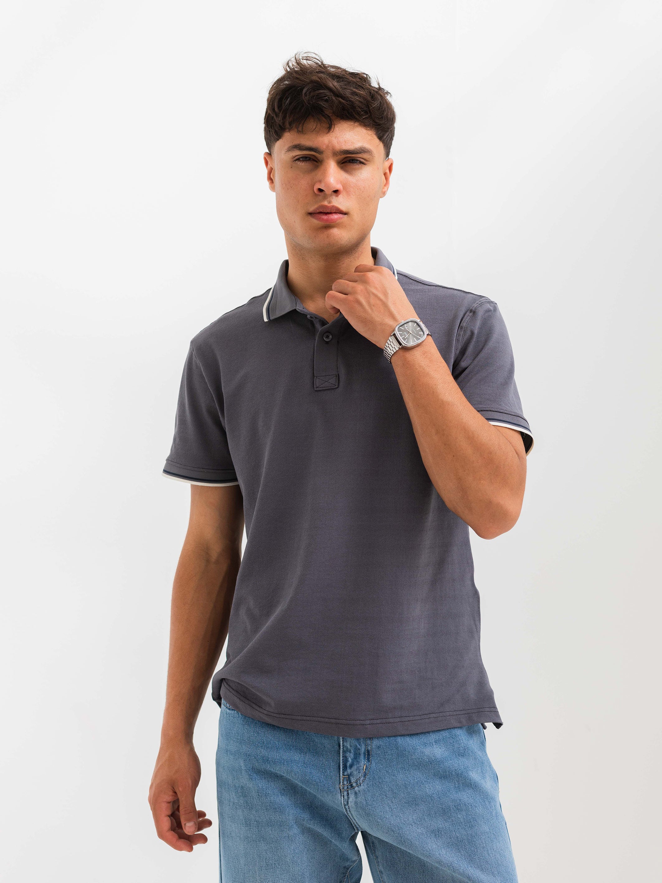 PIQUÉ POLO SHIRT LINE DETAILS - Grey
