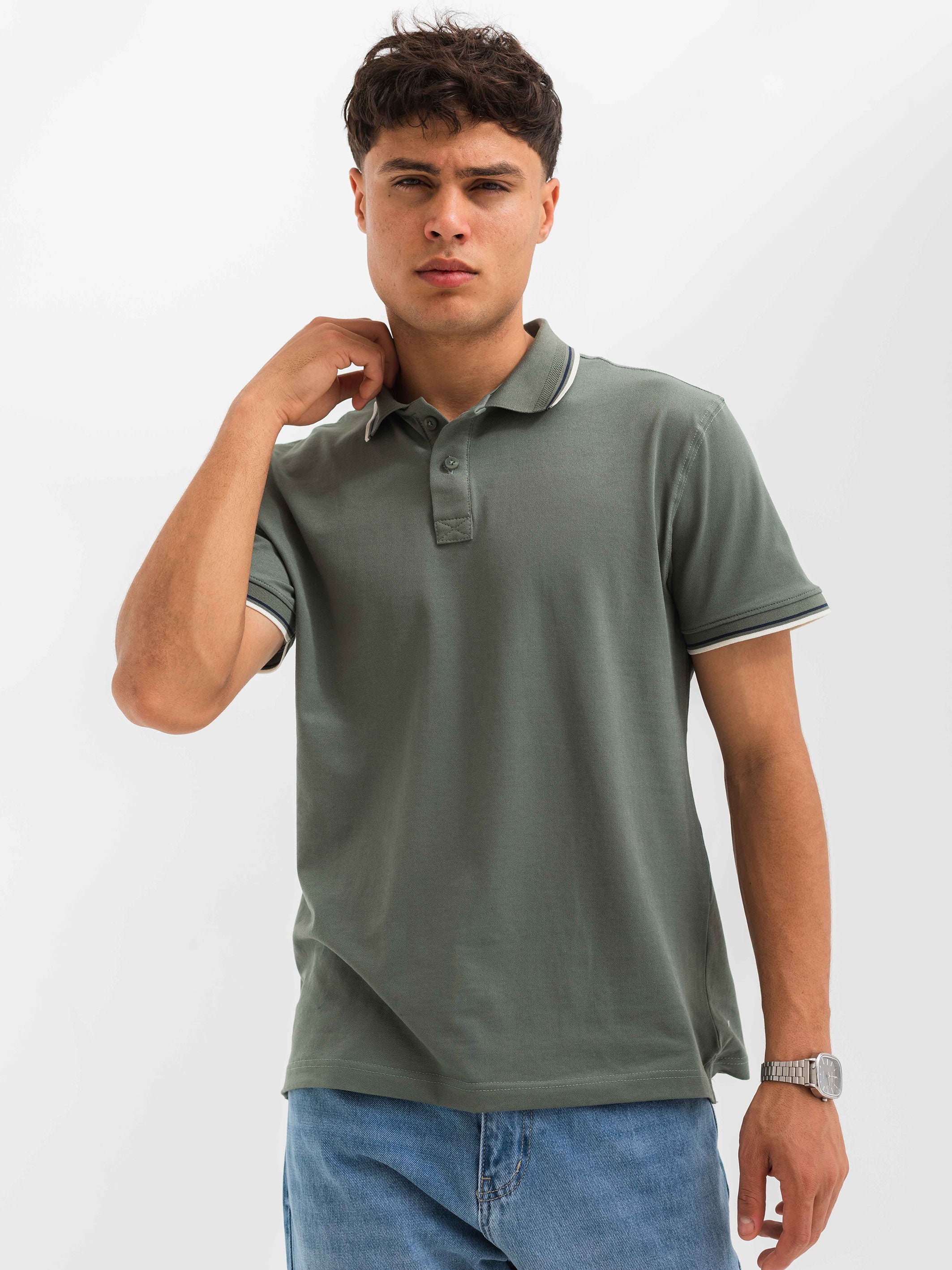 PIQUÉ POLO SHIRT LINE DETAILS - Olive