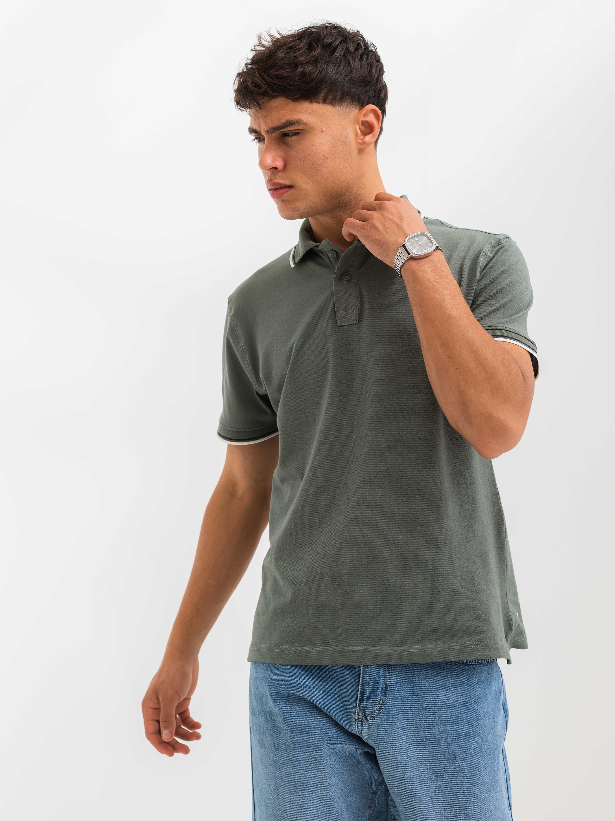 PIQUÉ POLO SHIRT LINE DETAILS - Olive