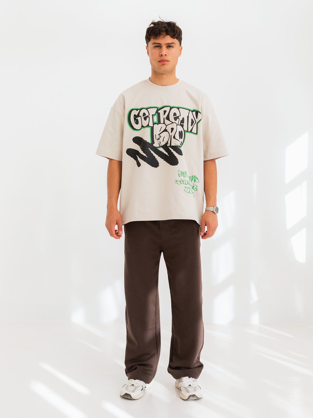 OVERSIZED GRAFFITI PRINTED TEE  GET READY - Beige