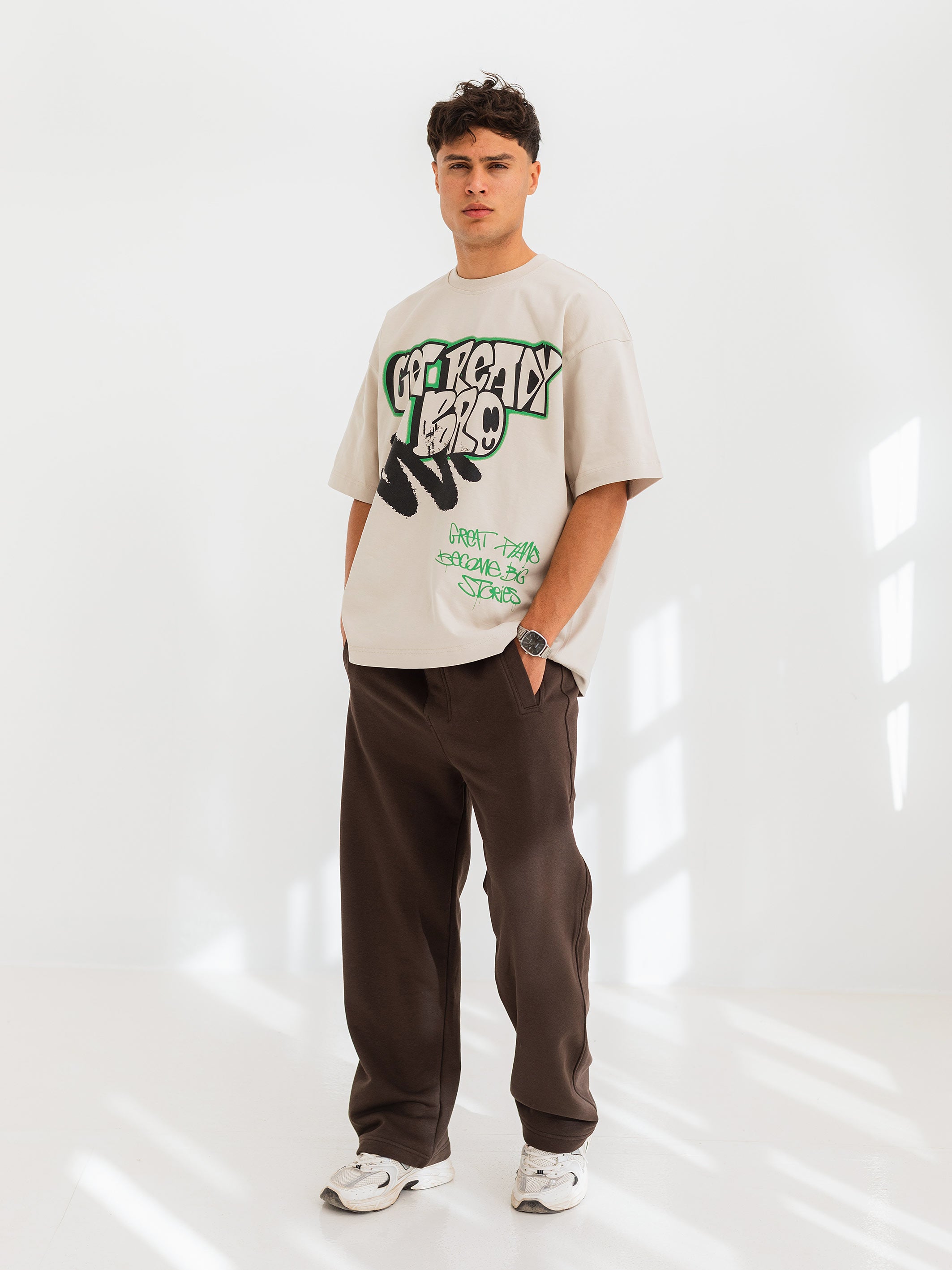 OVERSIZED GRAFFITI PRINTED TEE  GET READY - Beige