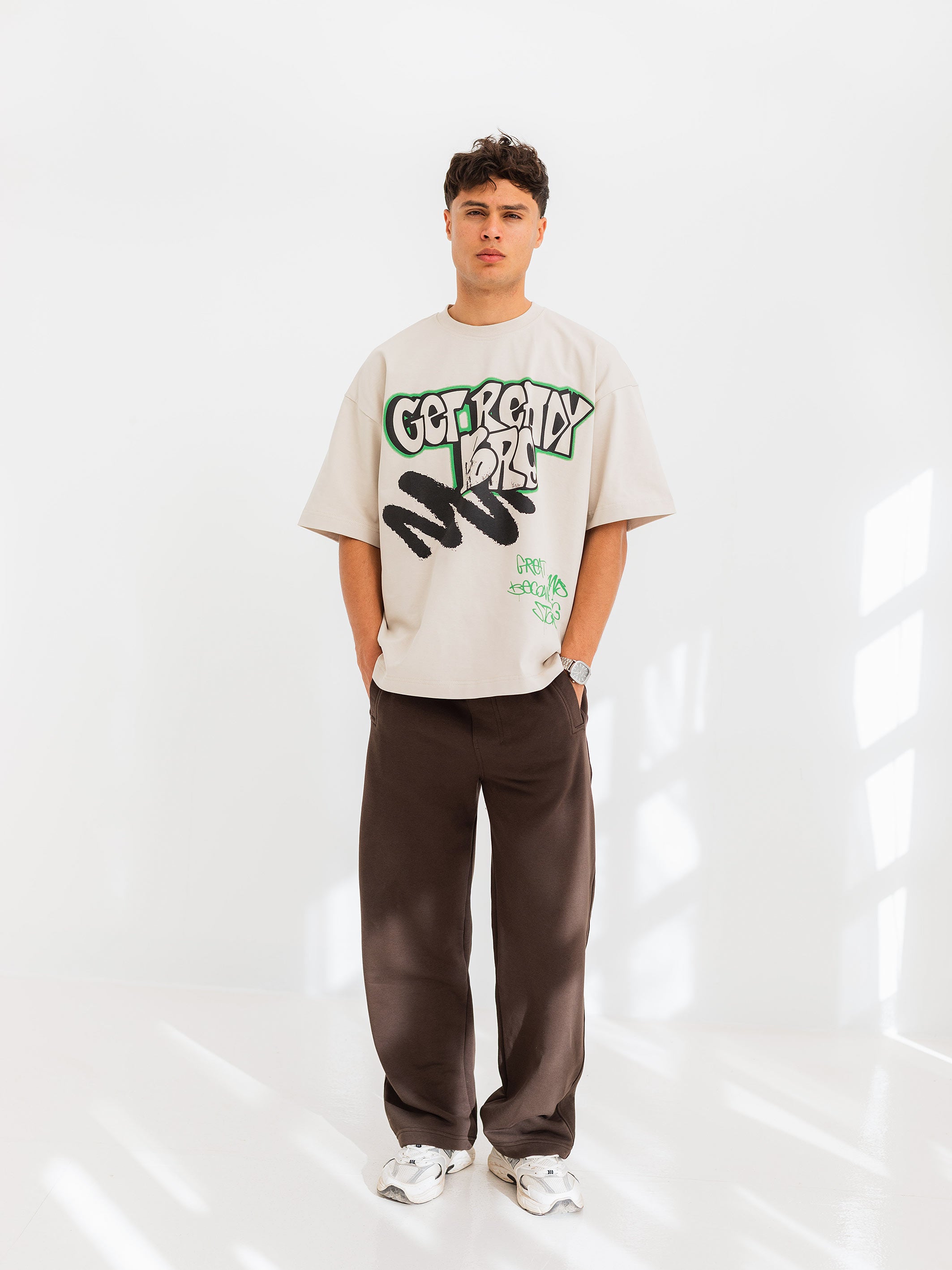 OVERSIZED GRAFFITI PRINTED TEE  GET READY - Beige