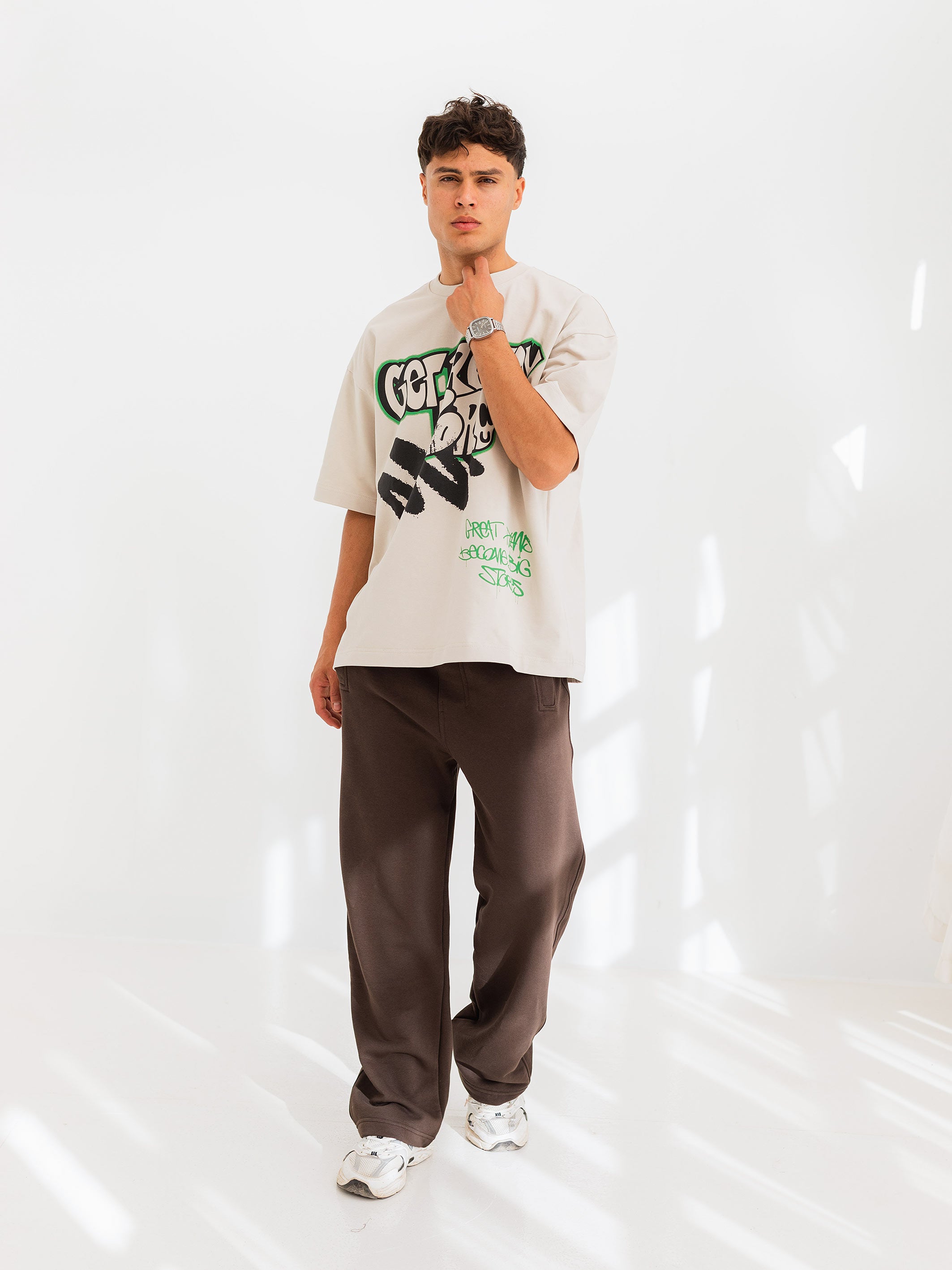 OVERSIZED GRAFFITI PRINTED TEE  GET READY - Beige