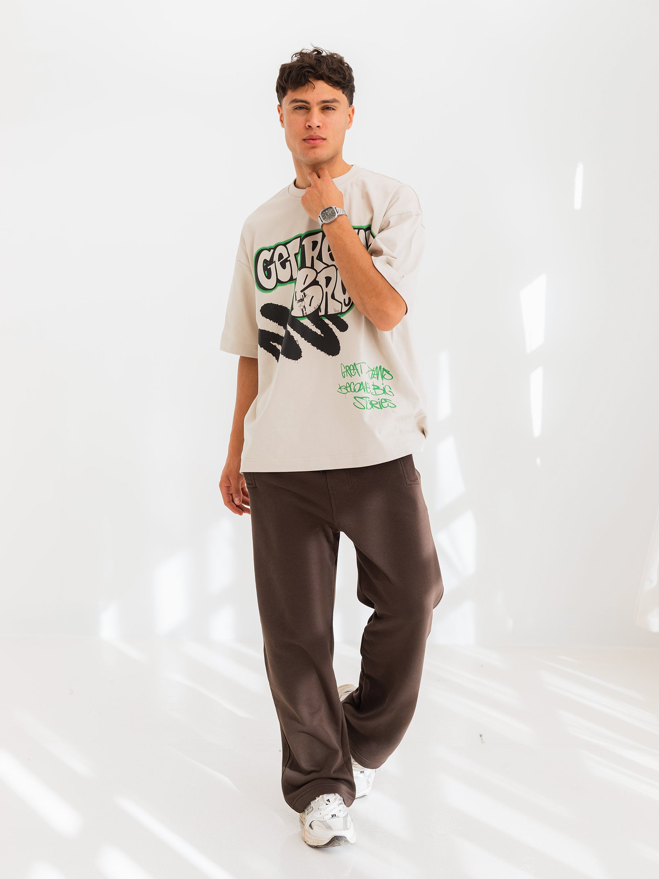 OVERSIZED GRAFFITI PRINTED TEE  GET READY - Beige