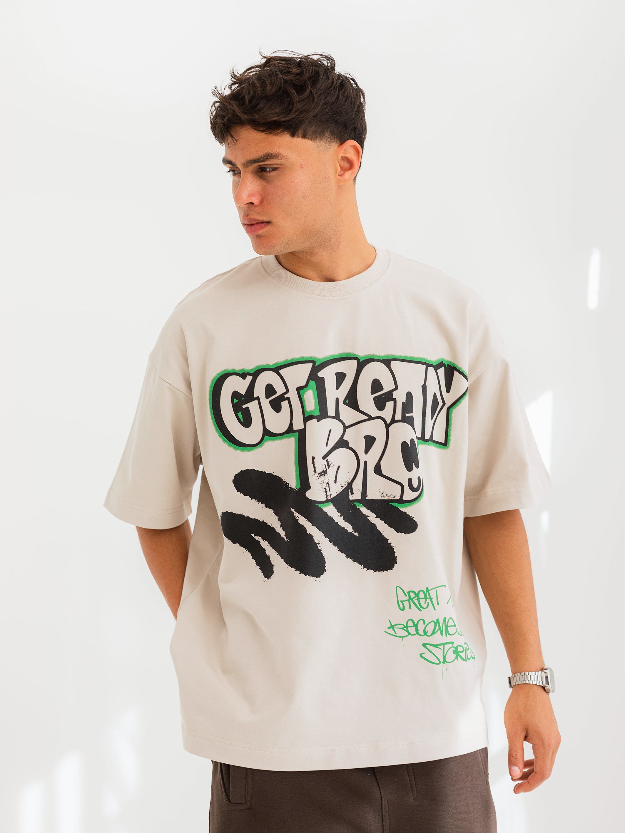 OVERSIZED GRAFFITI PRINTED TEE  GET READY - Beige