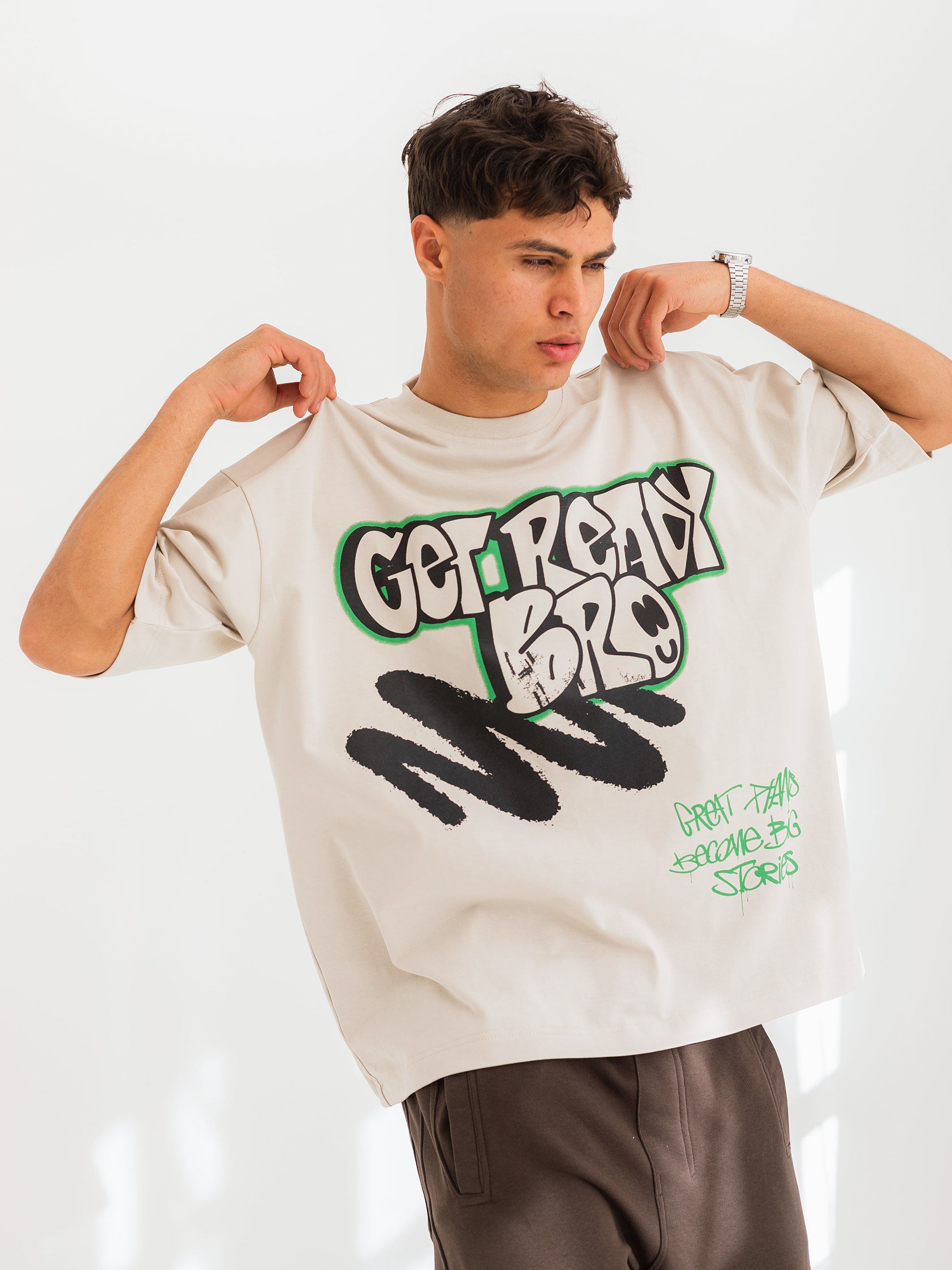 OVERSIZED GRAFFITI PRINTED TEE  GET READY - Beige