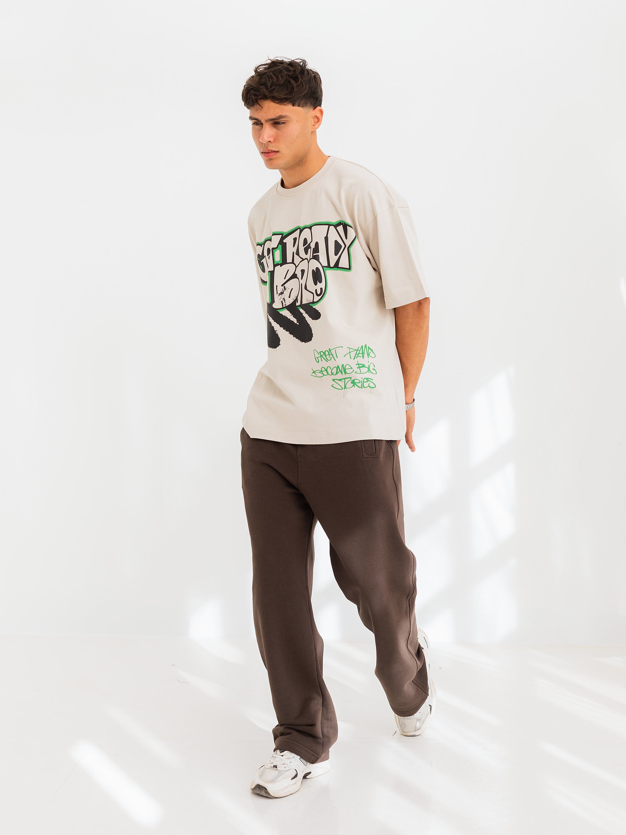 OVERSIZED GRAFFITI PRINTED TEE  GET READY - Beige