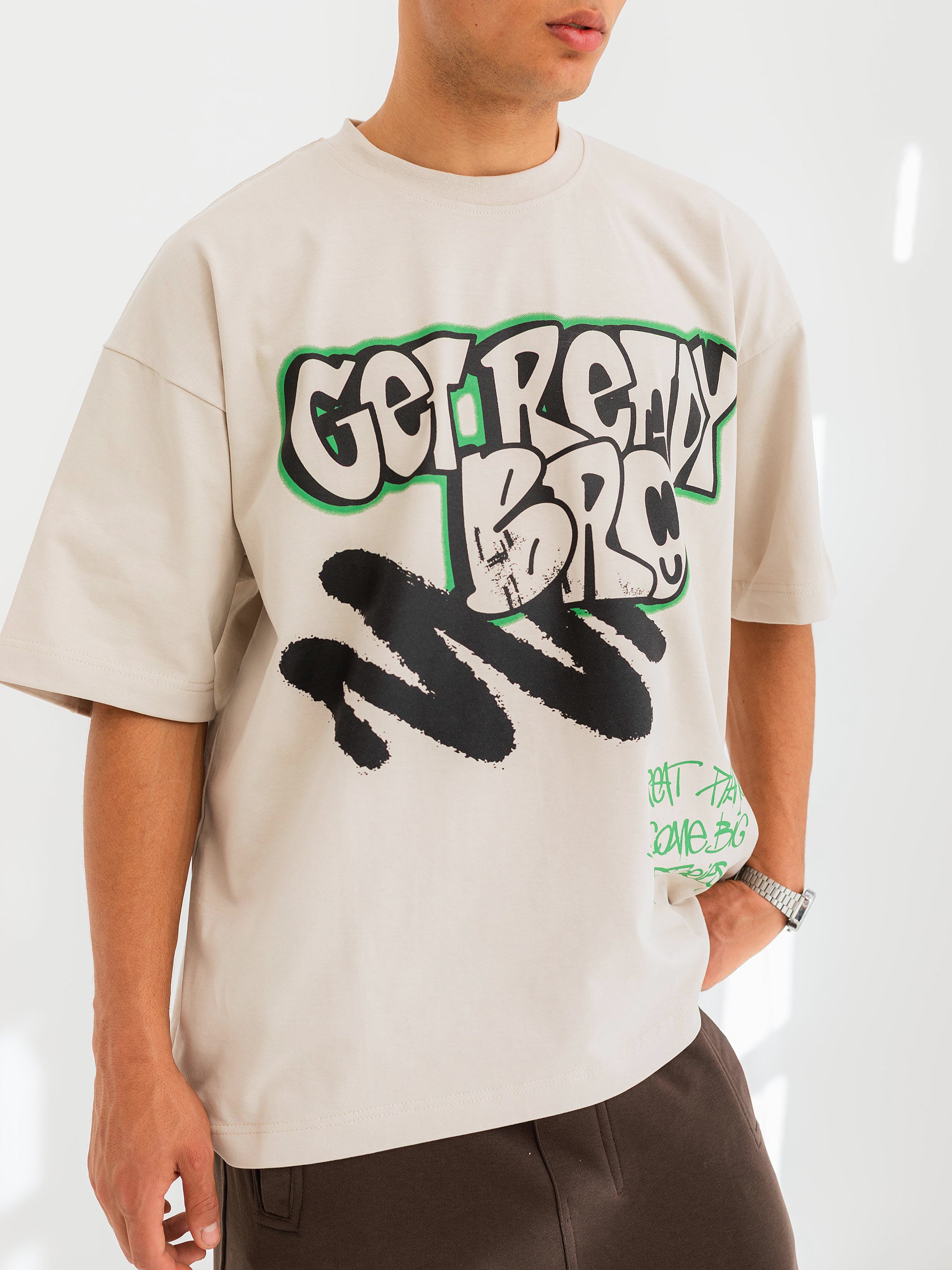 OVERSIZED GRAFFITI PRINTED TEE  GET READY - Beige