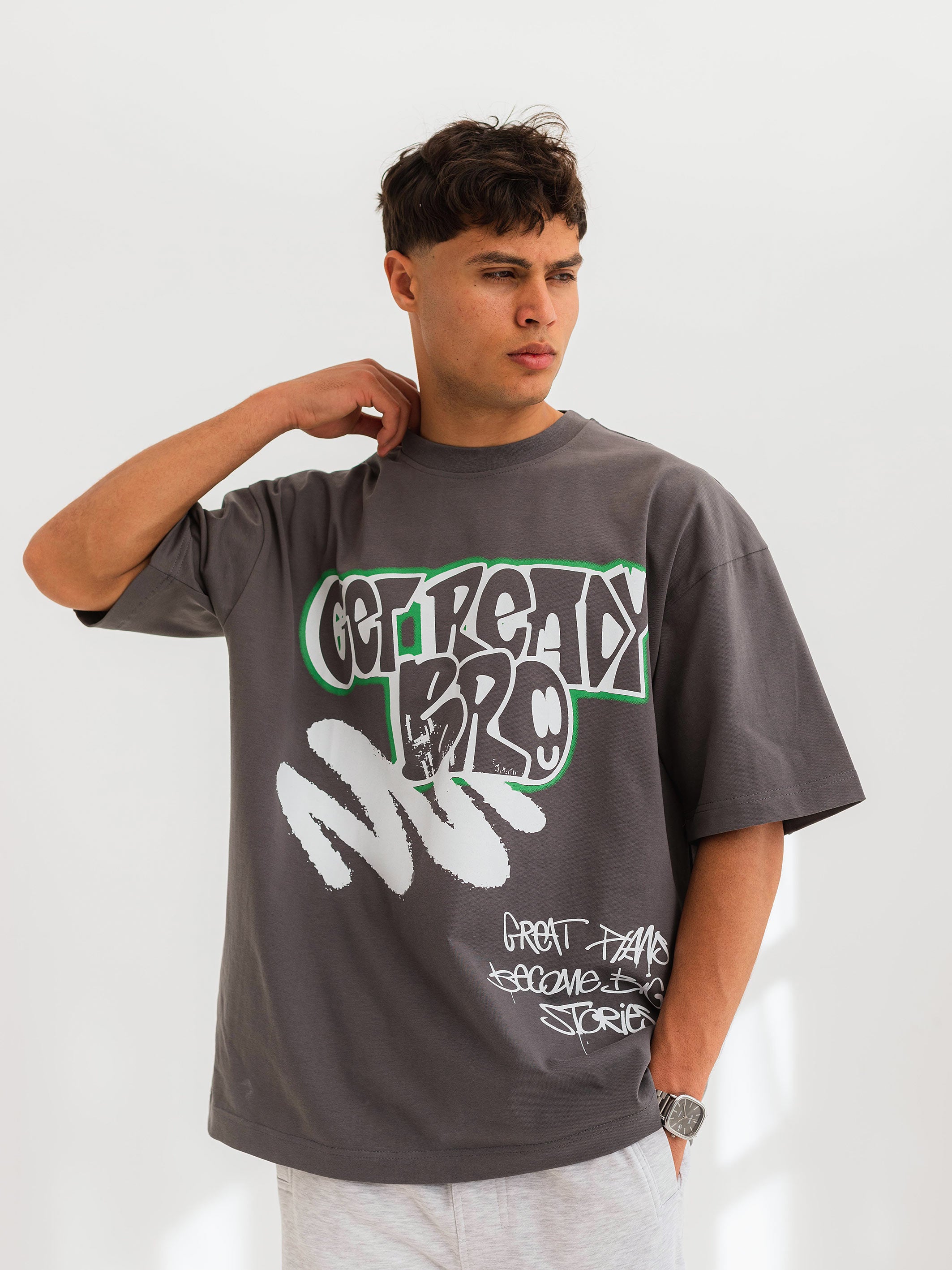 OVERSIZED GRAFFITI PRINTED TEE  GET READY - Grey