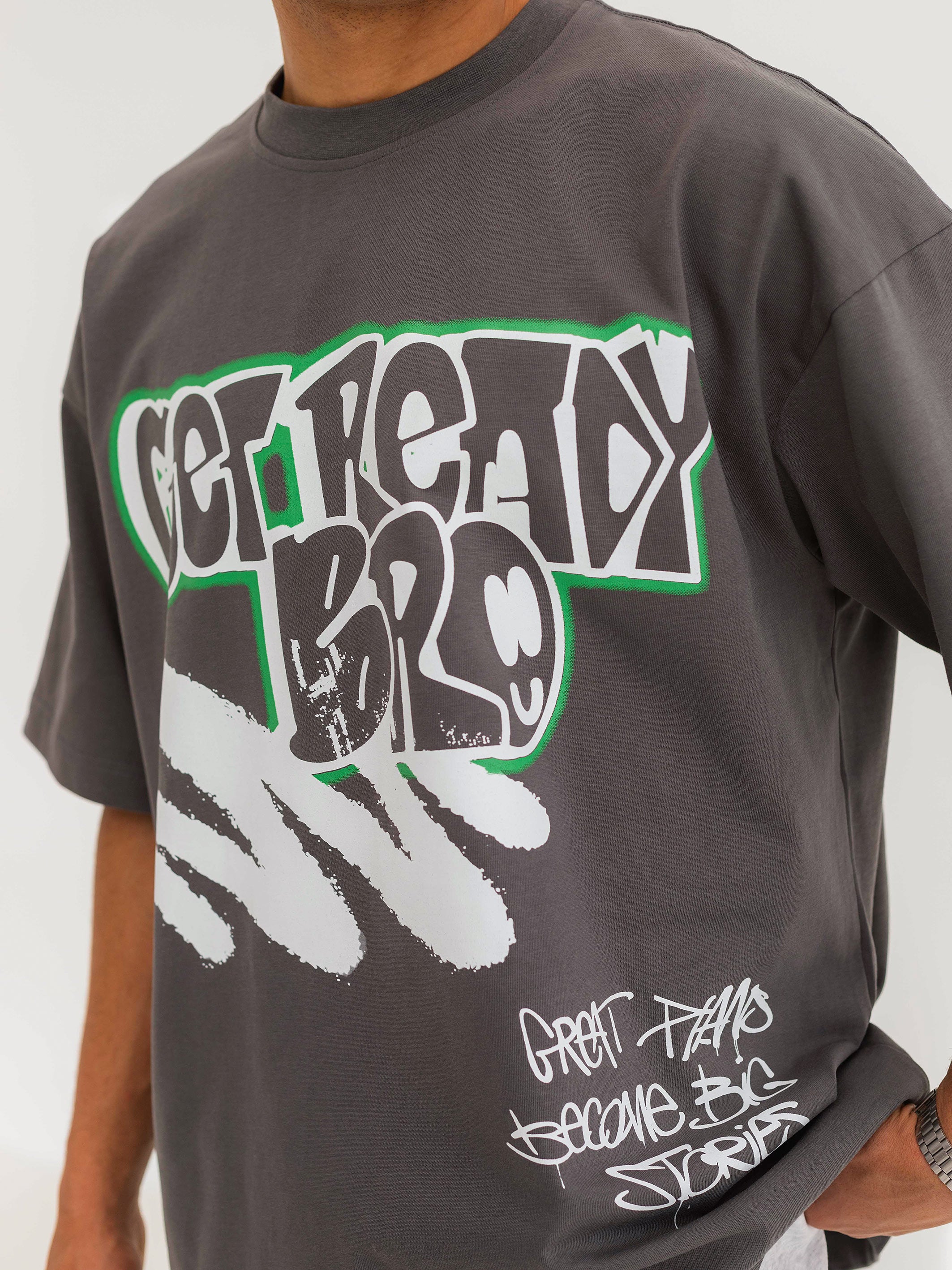 OVERSIZED GRAFFITI PRINTED TEE  GET READY - Grey