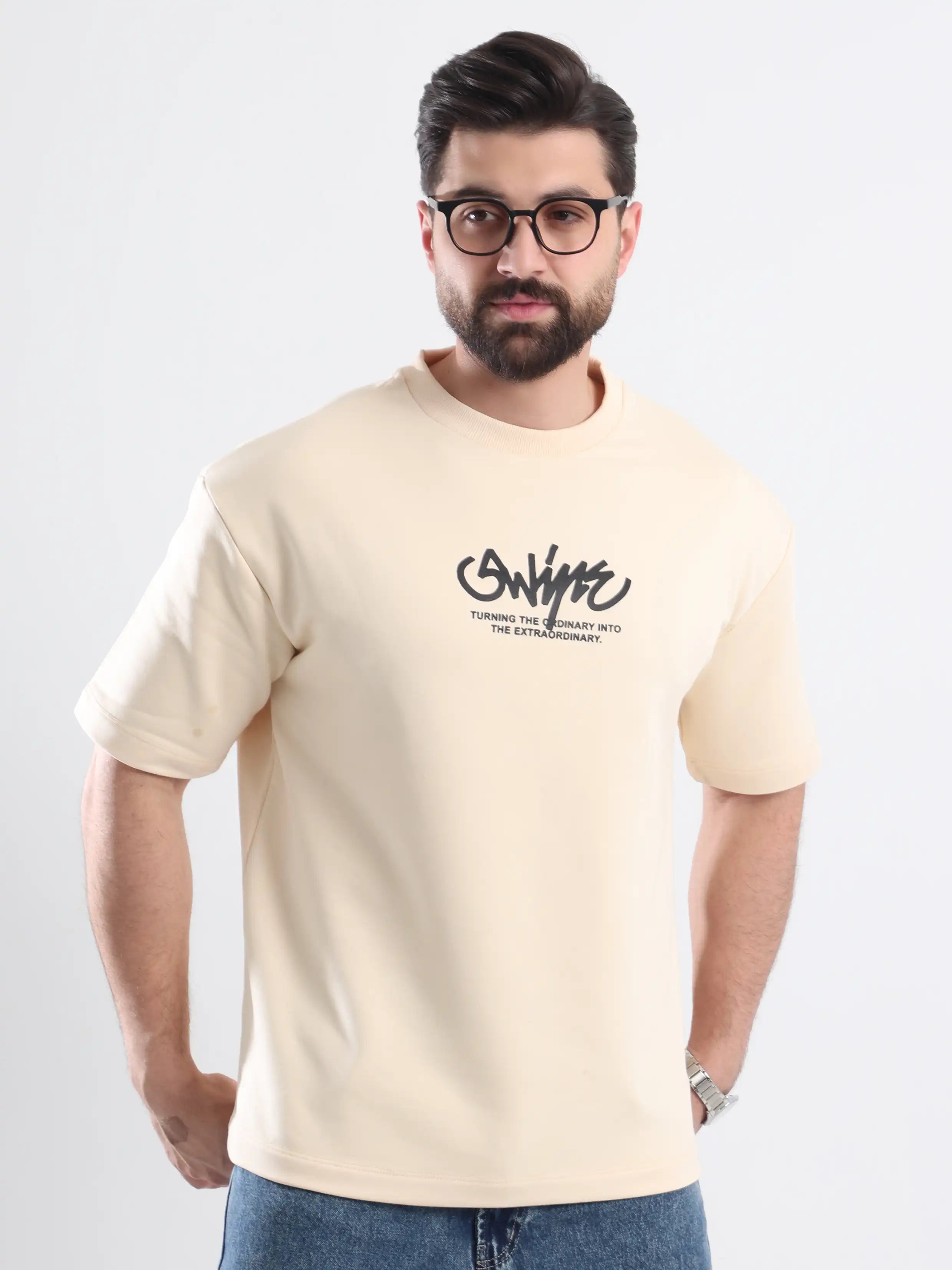 Oversized Printed Short Sleeve Tee - Beige