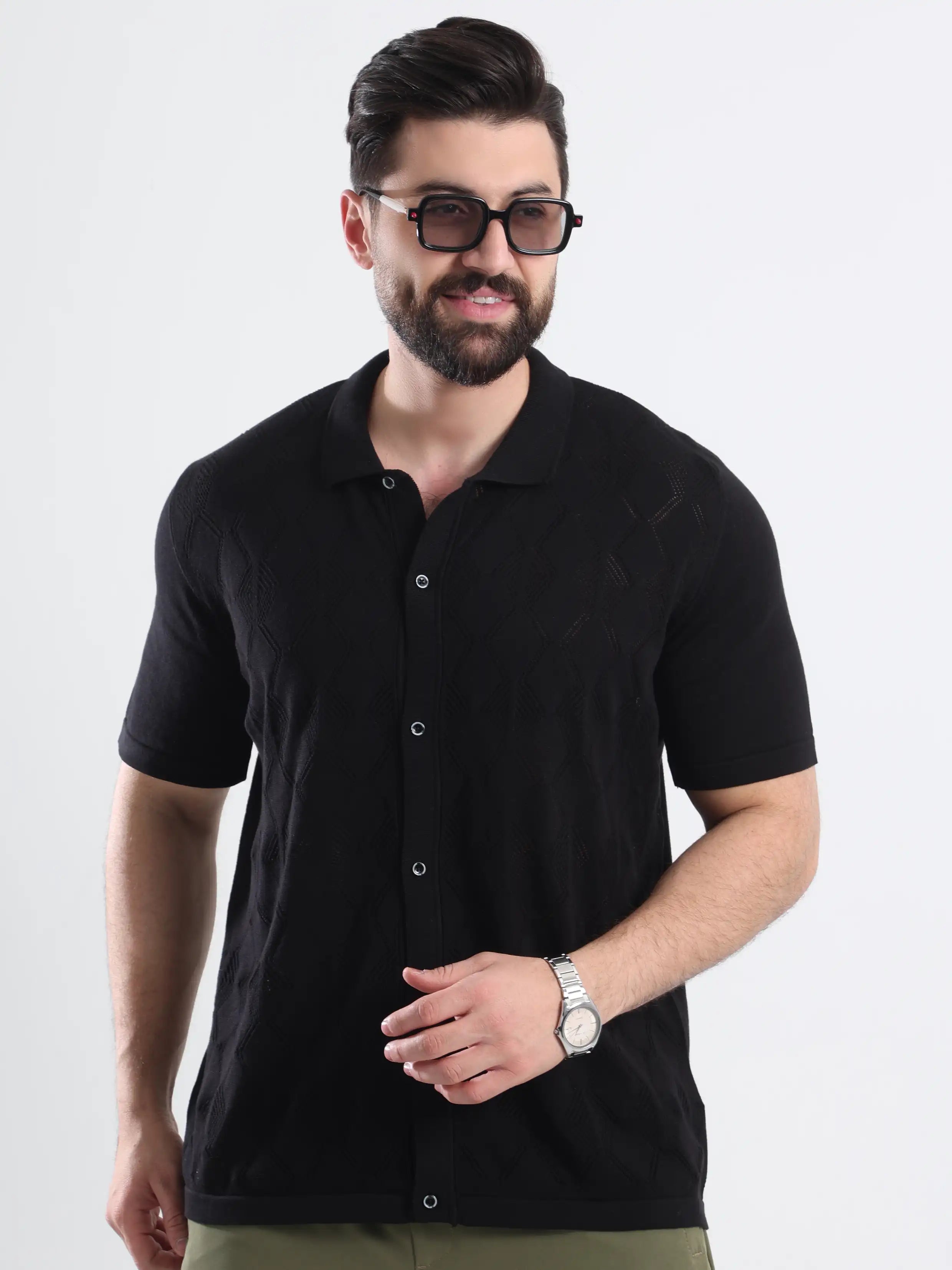 Button-Up Sweater Polo -  Black