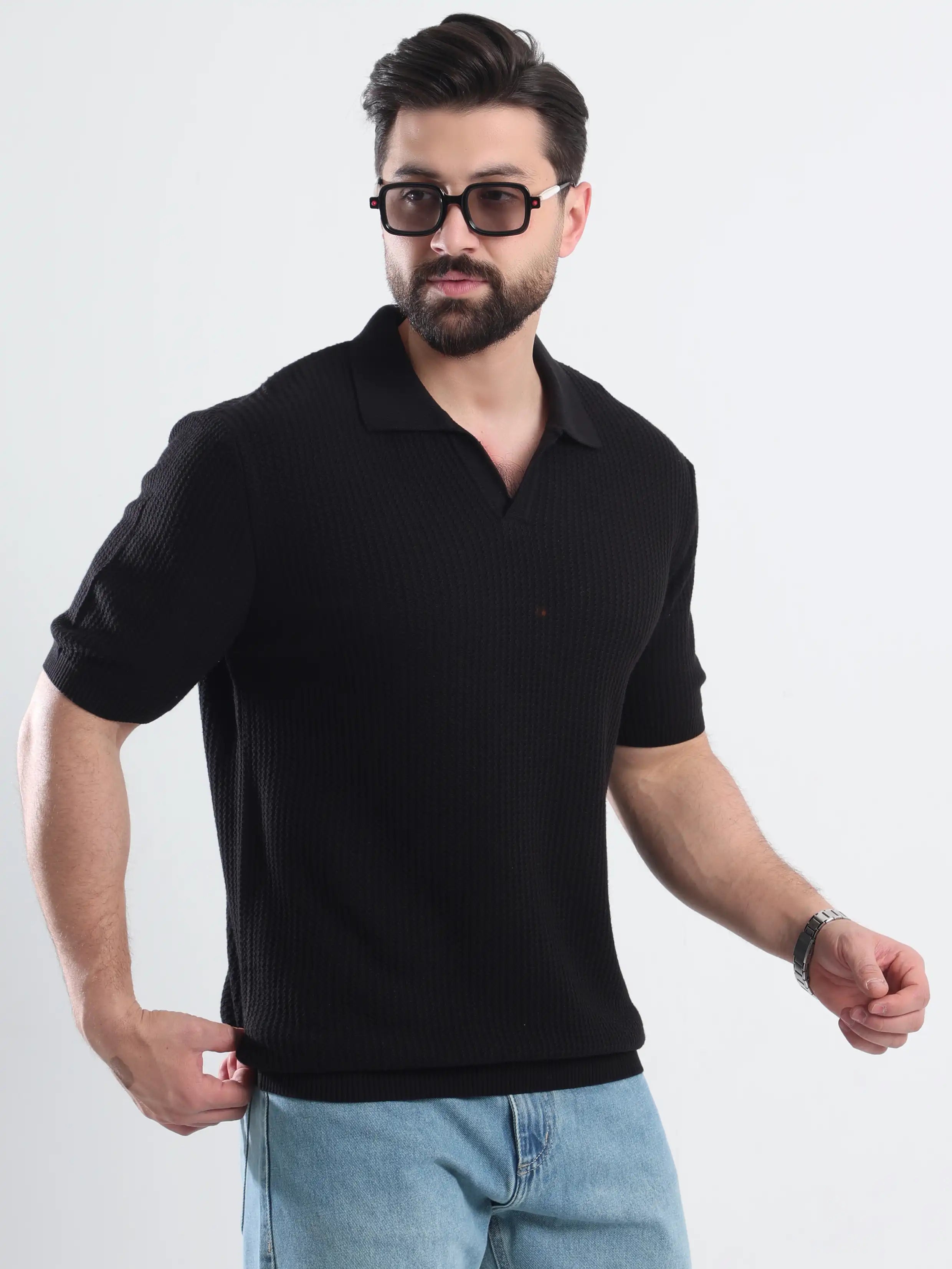 Textured Soft Knit Polo Short sleeve -Black