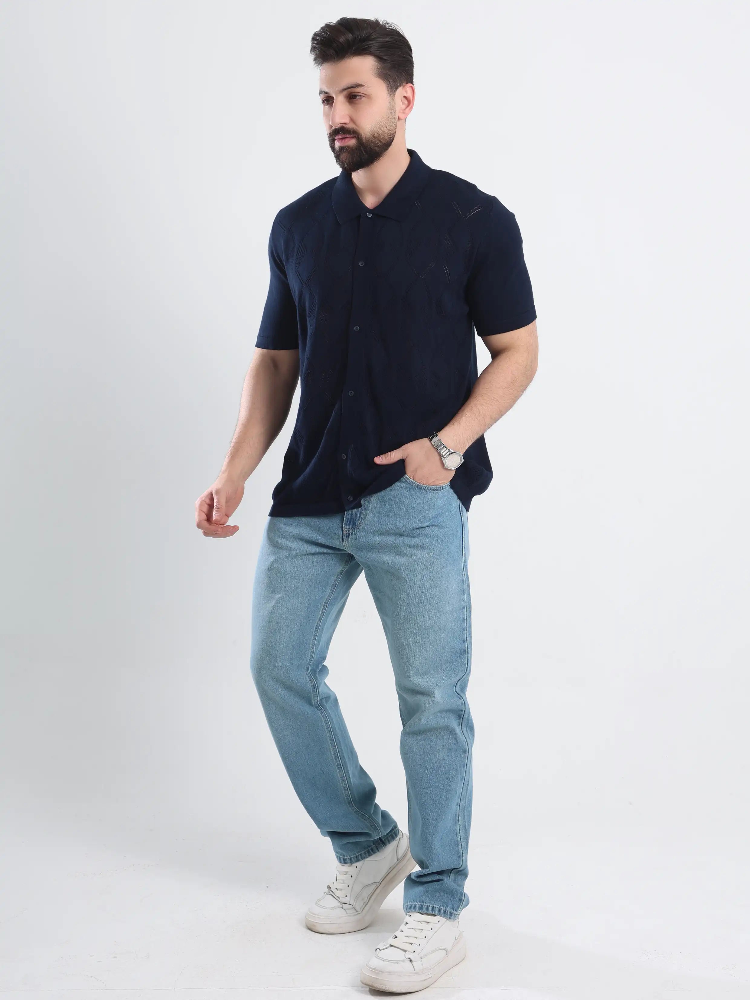 Button-Up Sweater Polo -  Navy