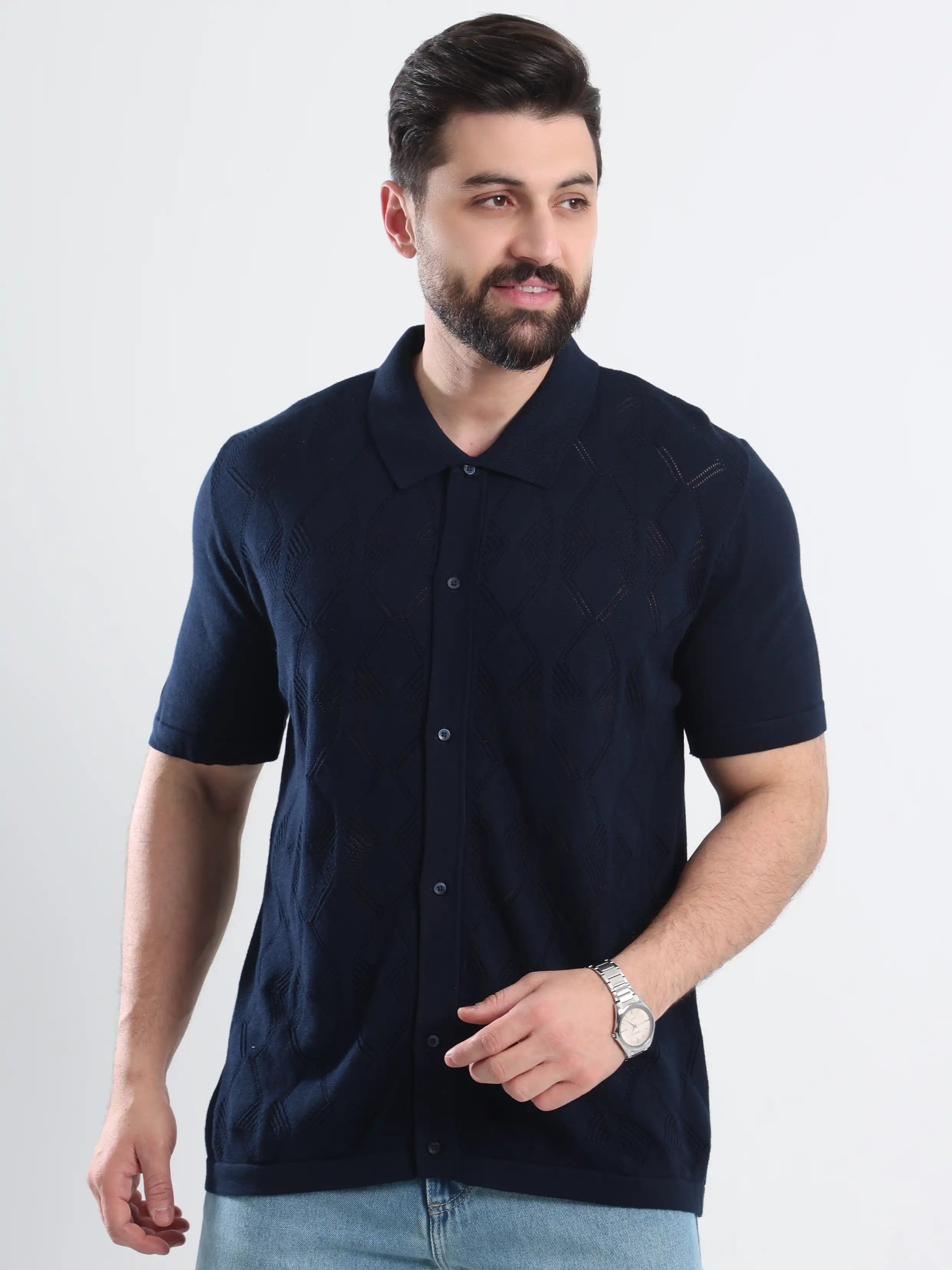 Button-Up Sweater Polo -  Navy