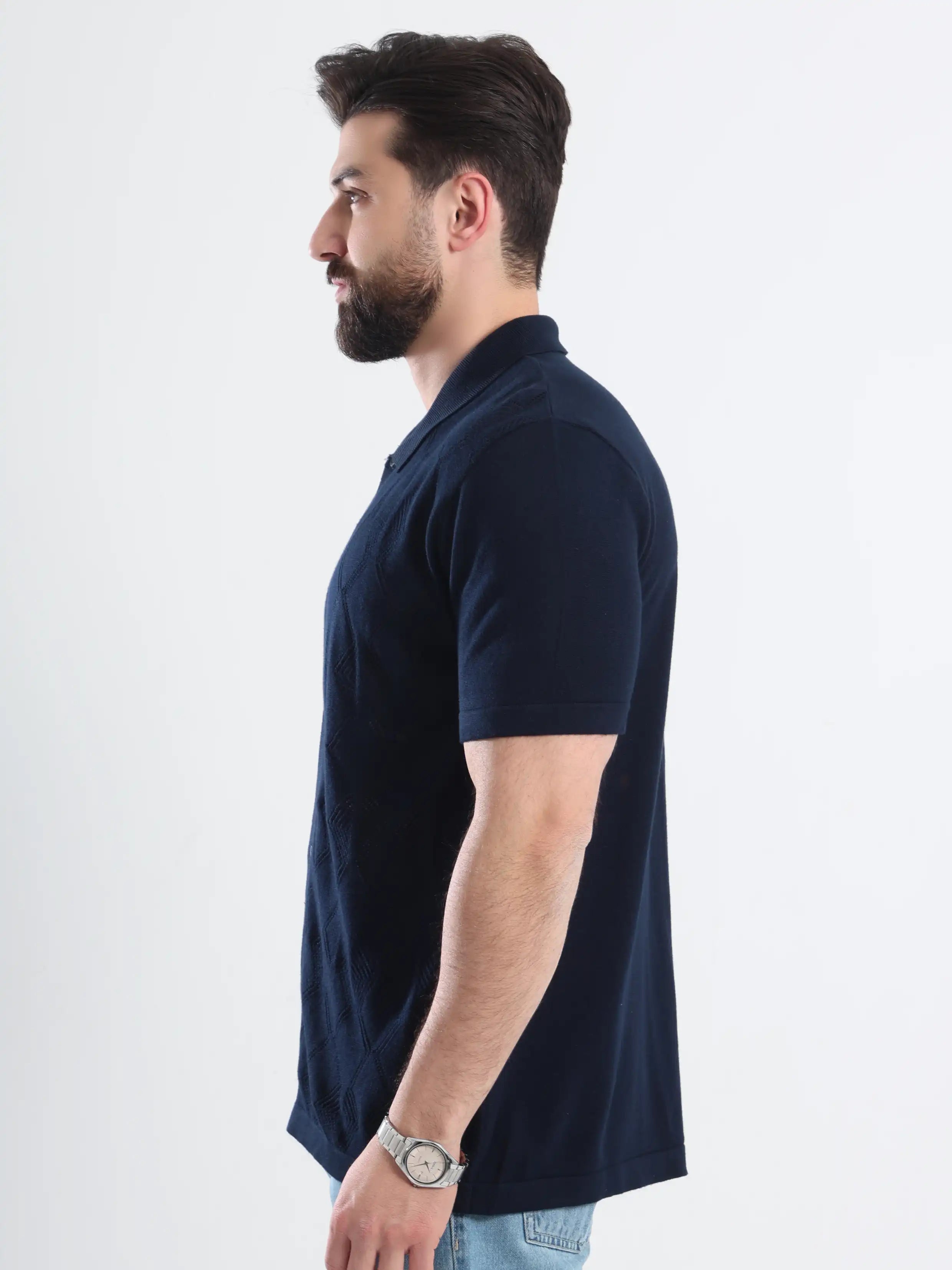 Button-Up Sweater Polo -  Navy