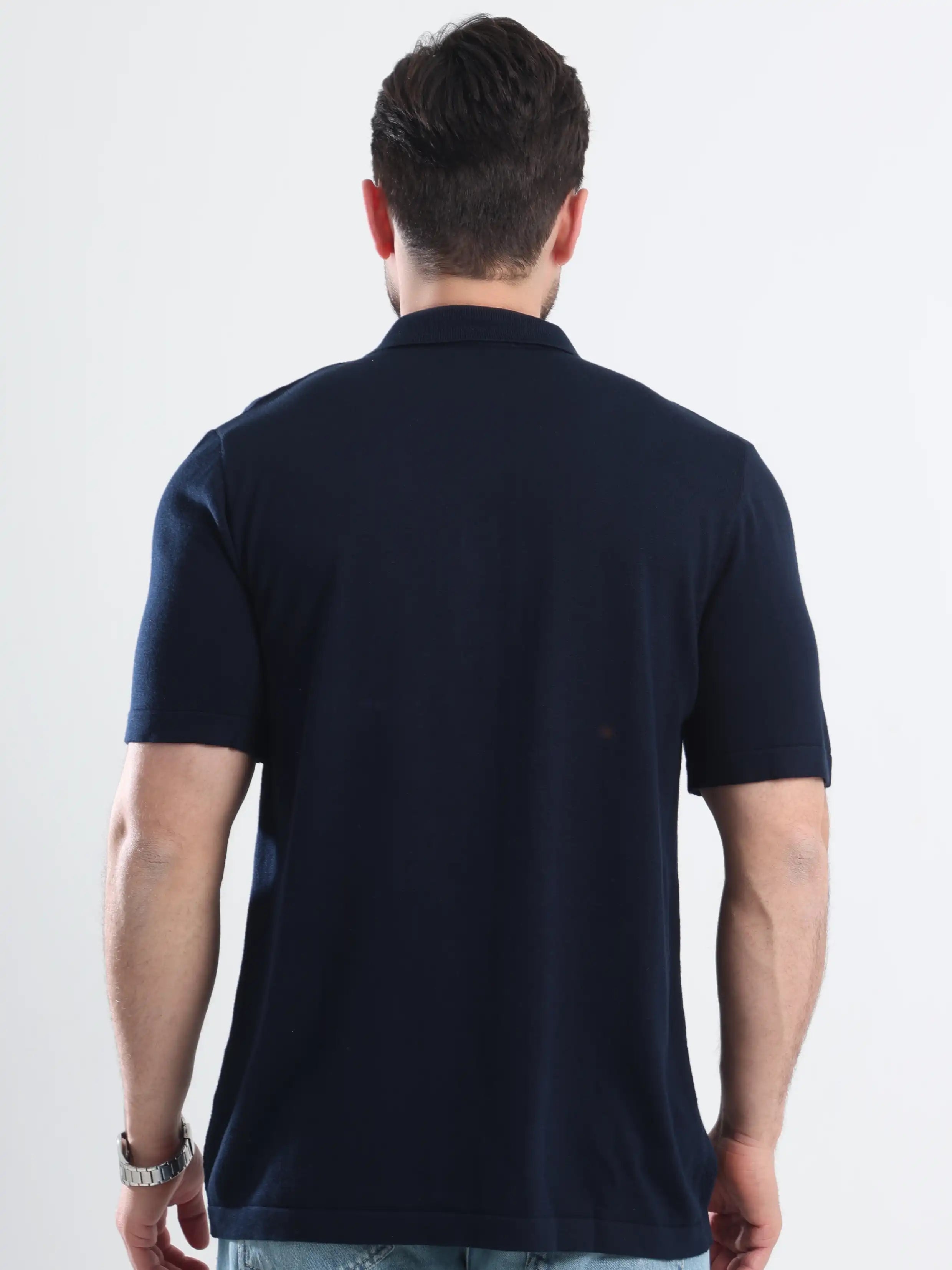 Button-Up Sweater Polo -  Navy