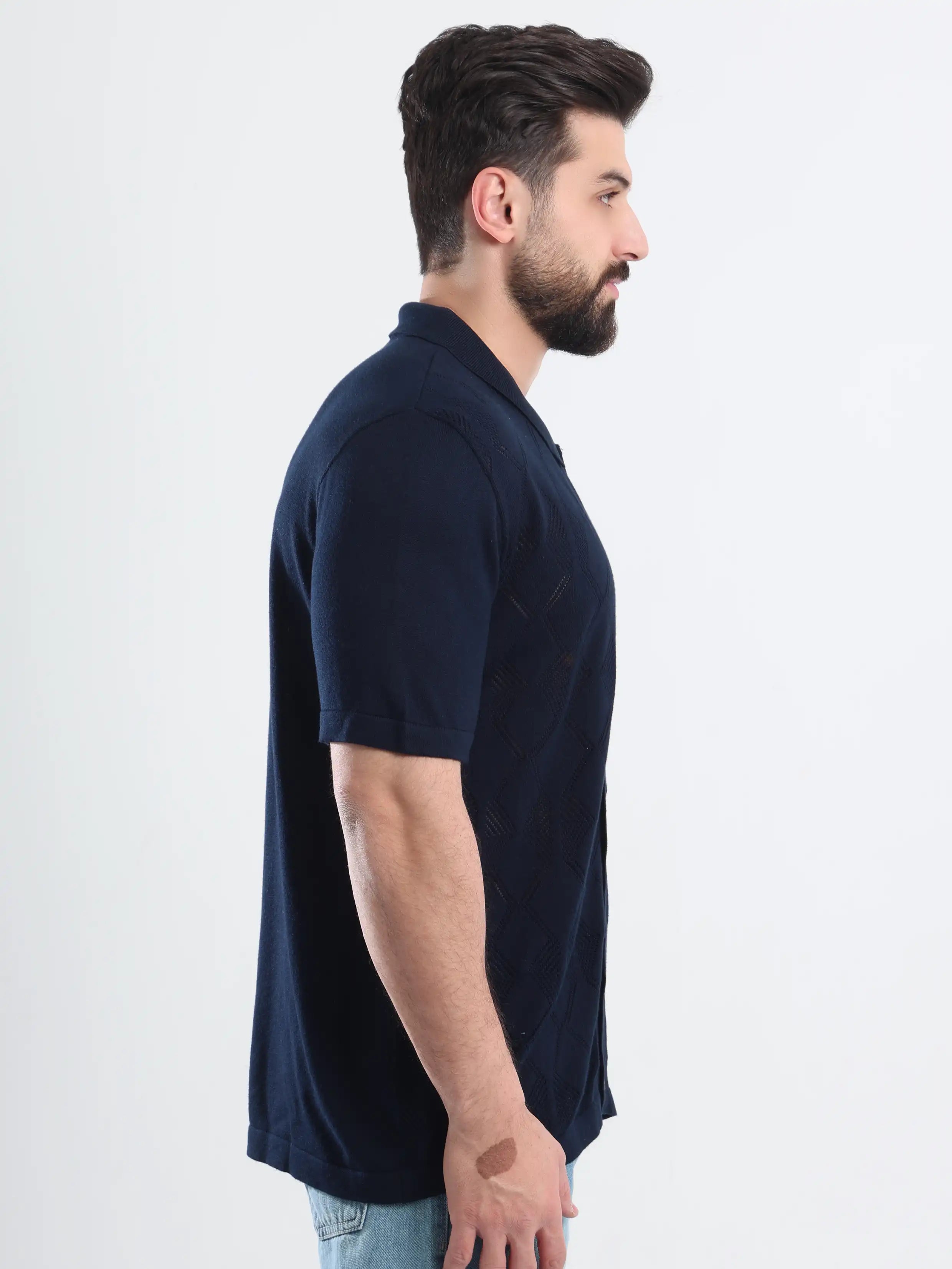 Button-Up Sweater Polo -  Navy