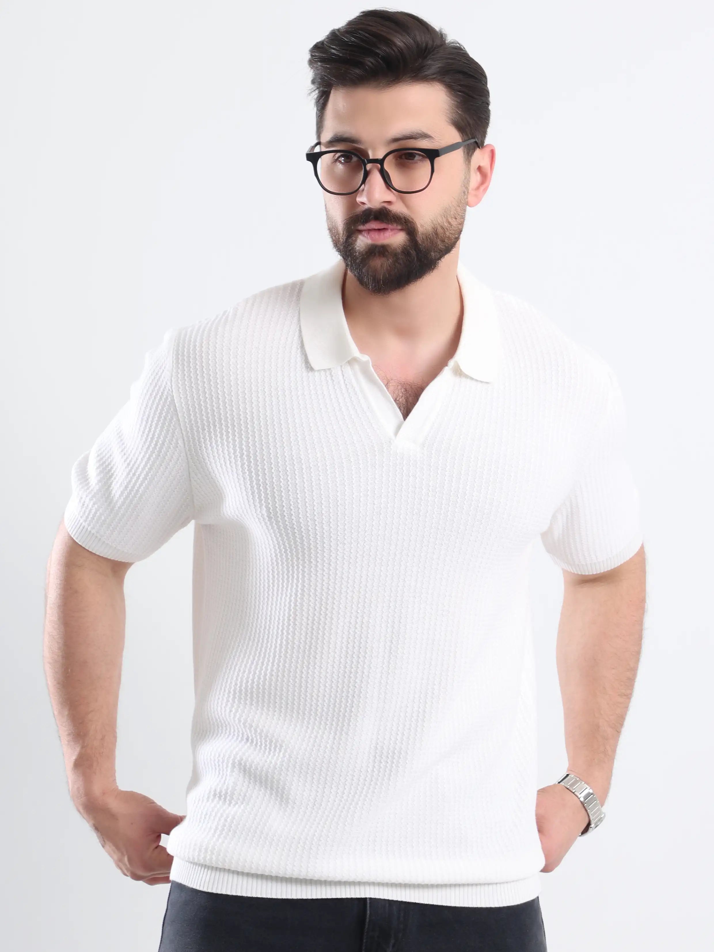 Textured Soft Knit Polo Short sleeve - Off-White
