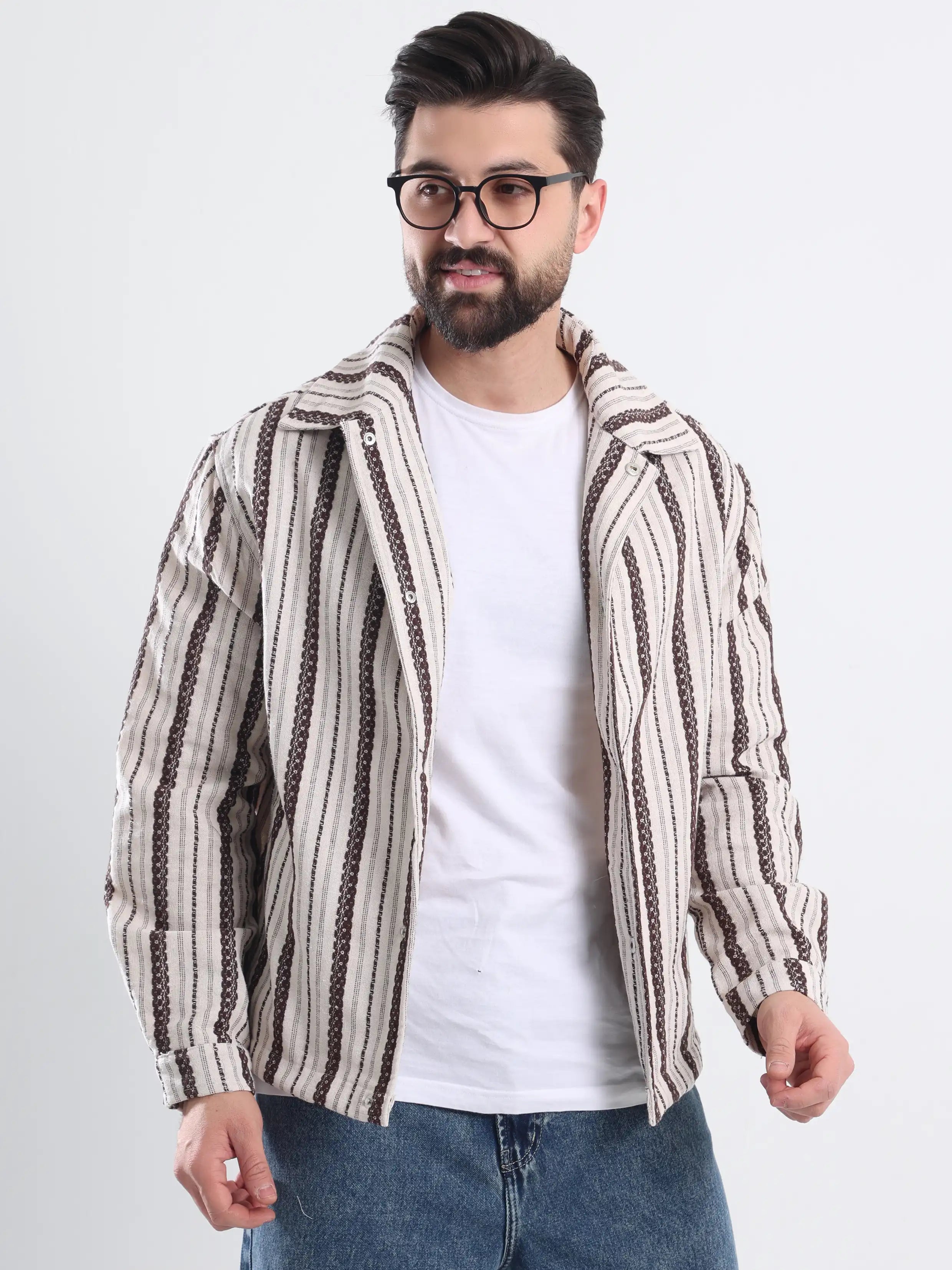 Oversized  Striped Jacket Jacquard - Choco Brown