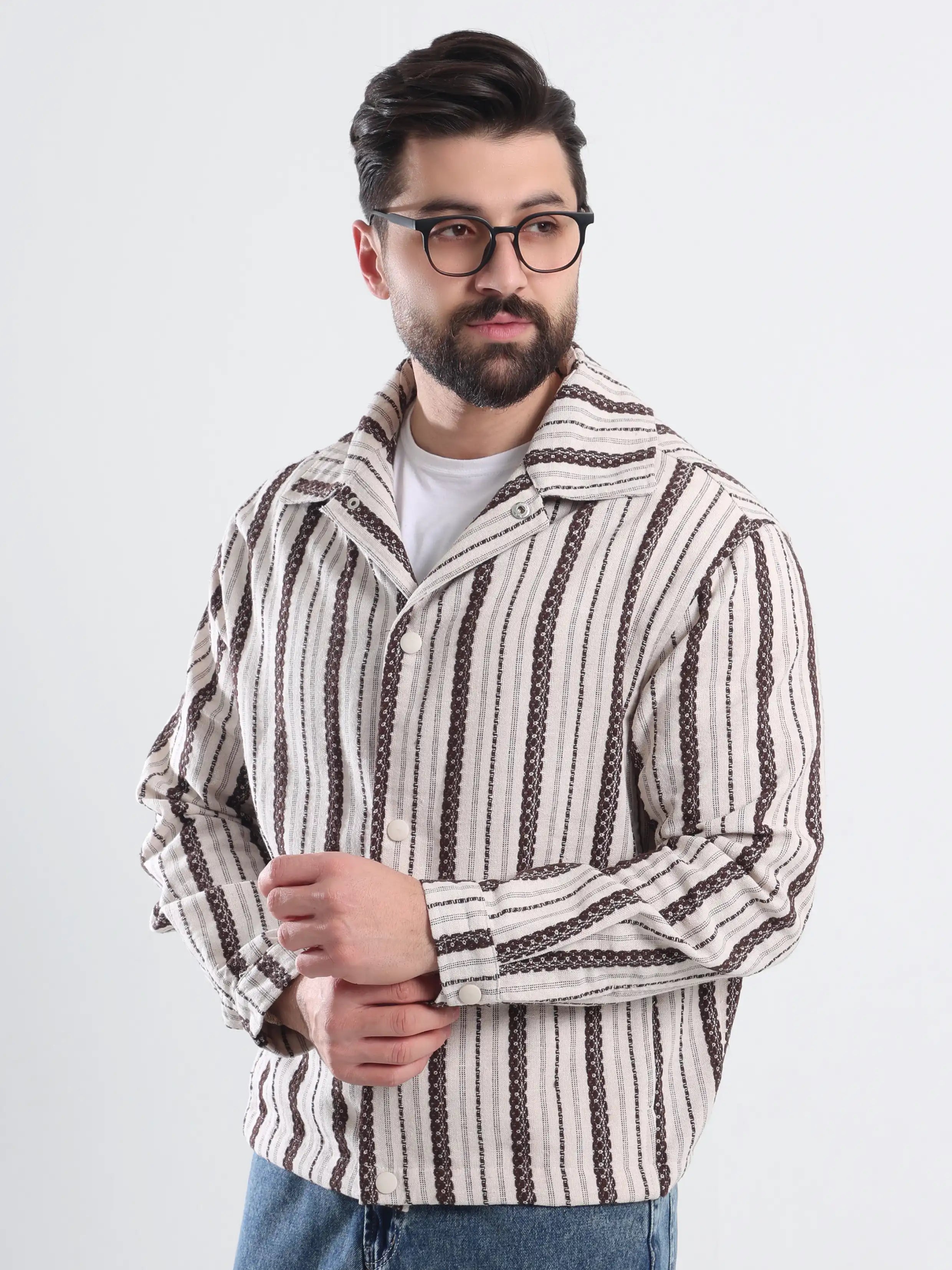 Oversized  Striped Jacket Jacquard - Choco Brown