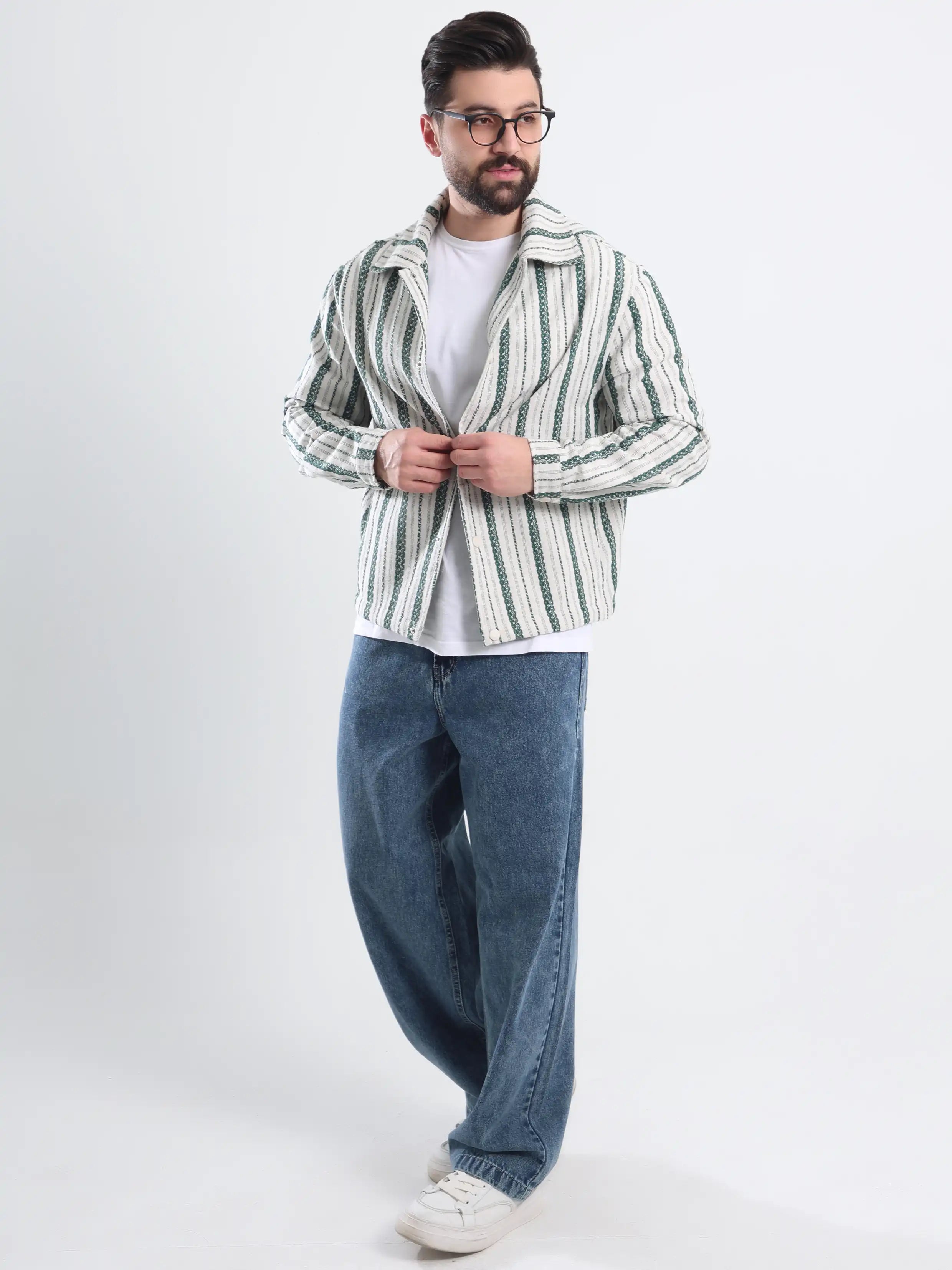 Oversized  Striped Jacket Jacquard - Olive