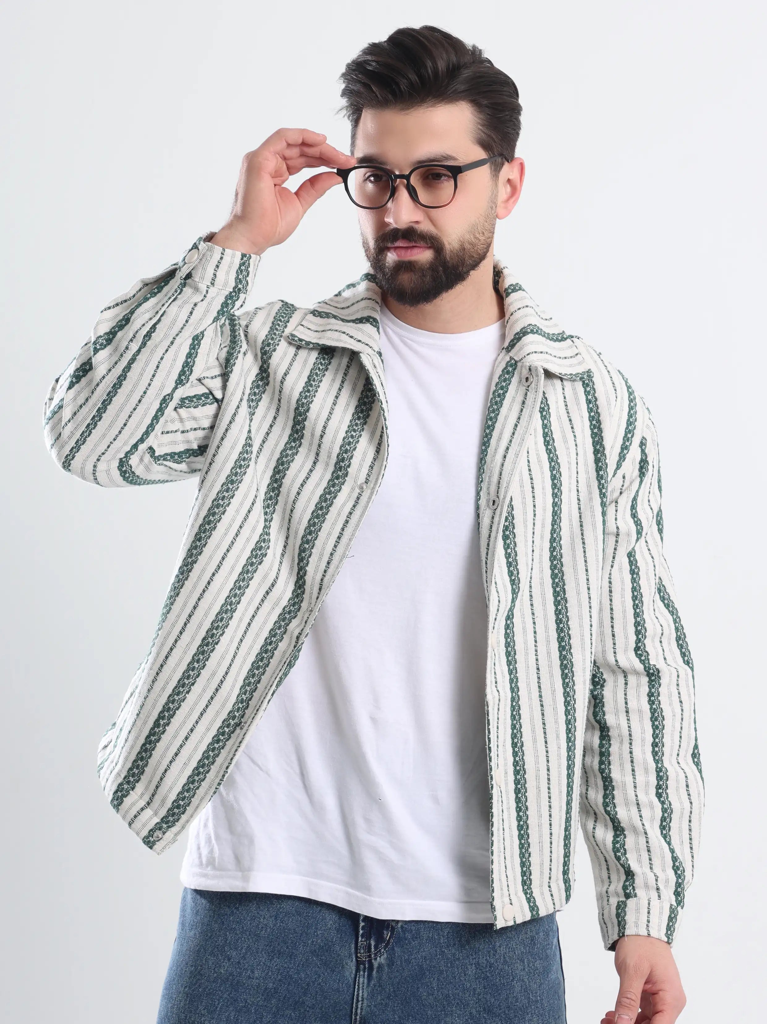 Oversized  Striped Jacket Jacquard - Olive