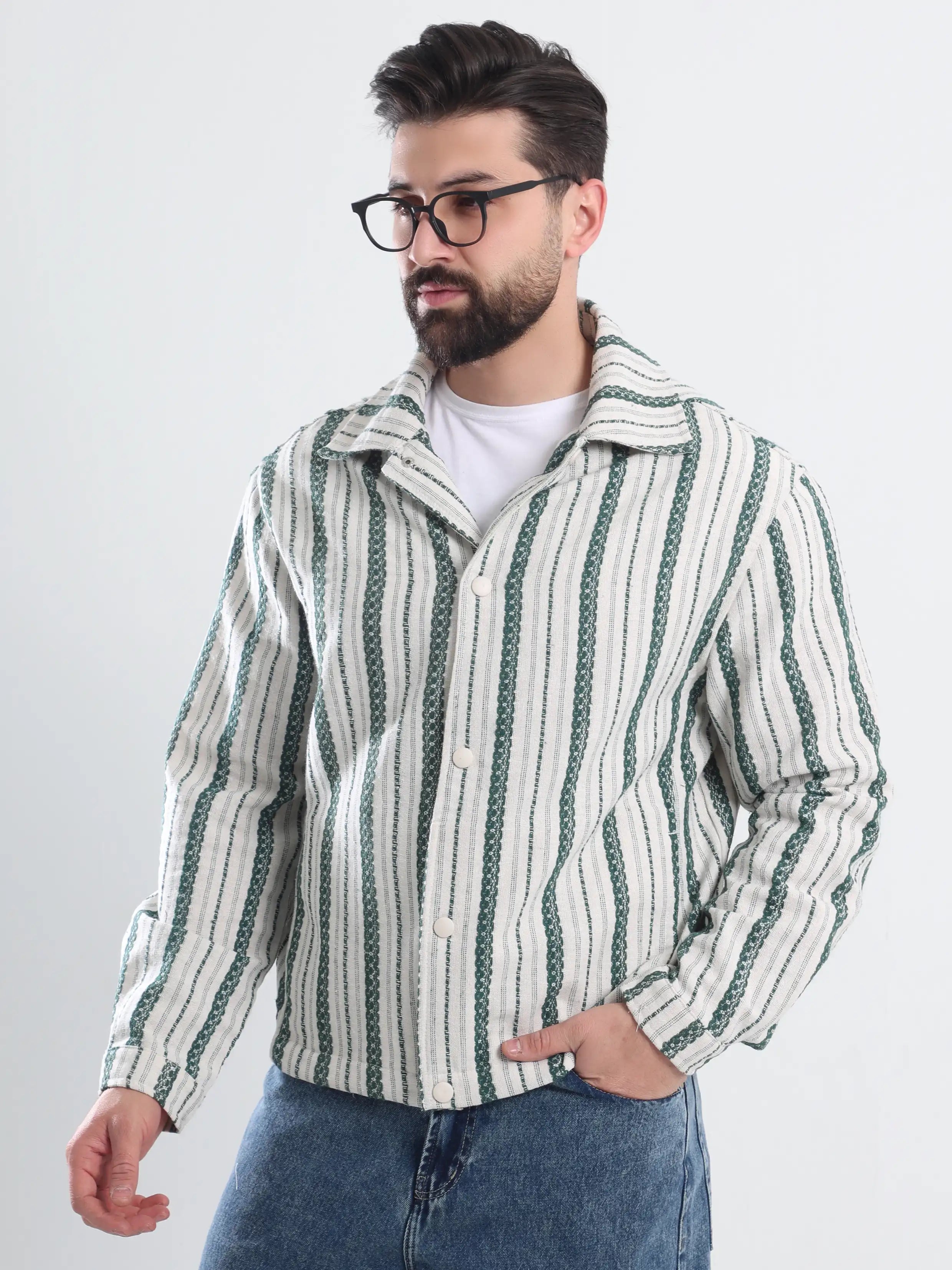 Oversized  Striped Jacket Jacquard - Olive