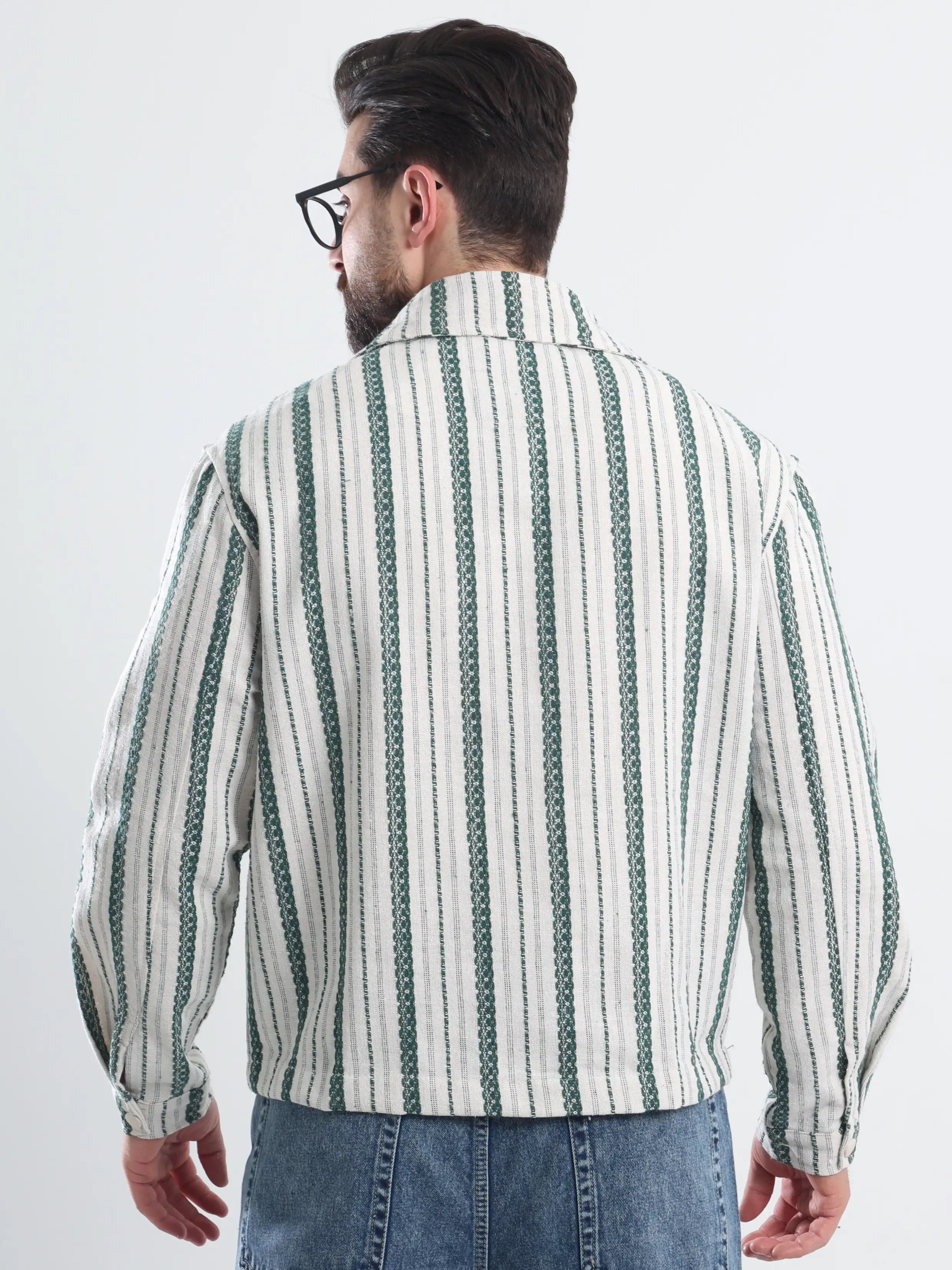 Oversized  Striped Jacket Jacquard - Olive