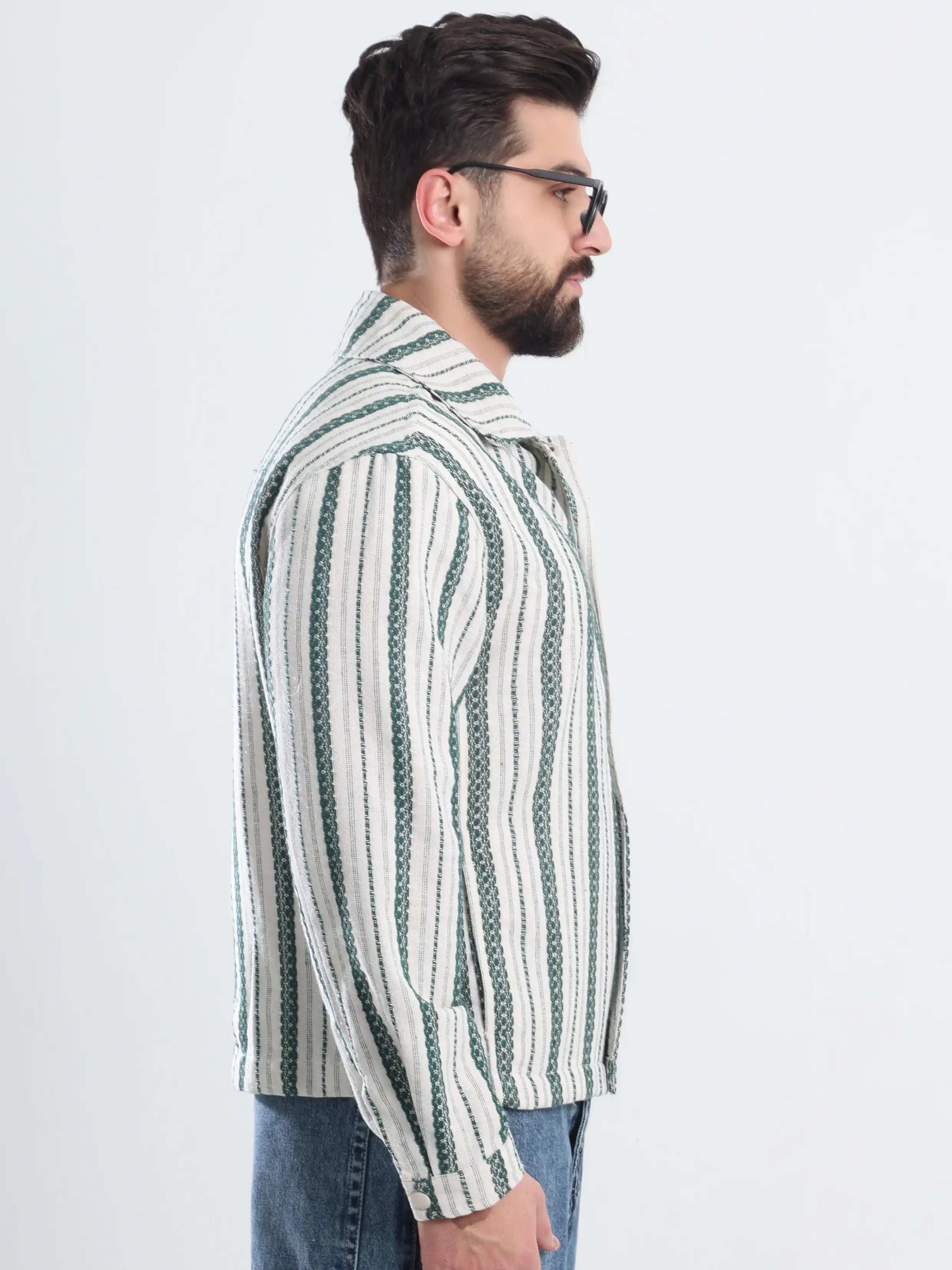 Oversized  Striped Jacket Jacquard - Olive