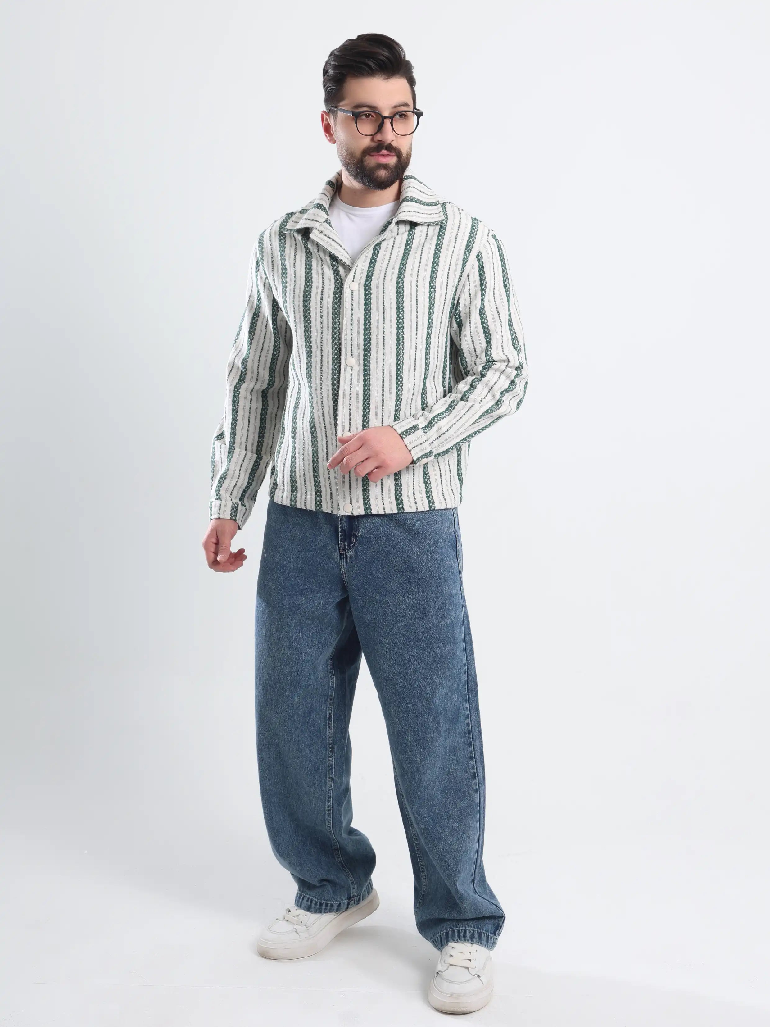 Oversized  Striped Jacket Jacquard - Olive