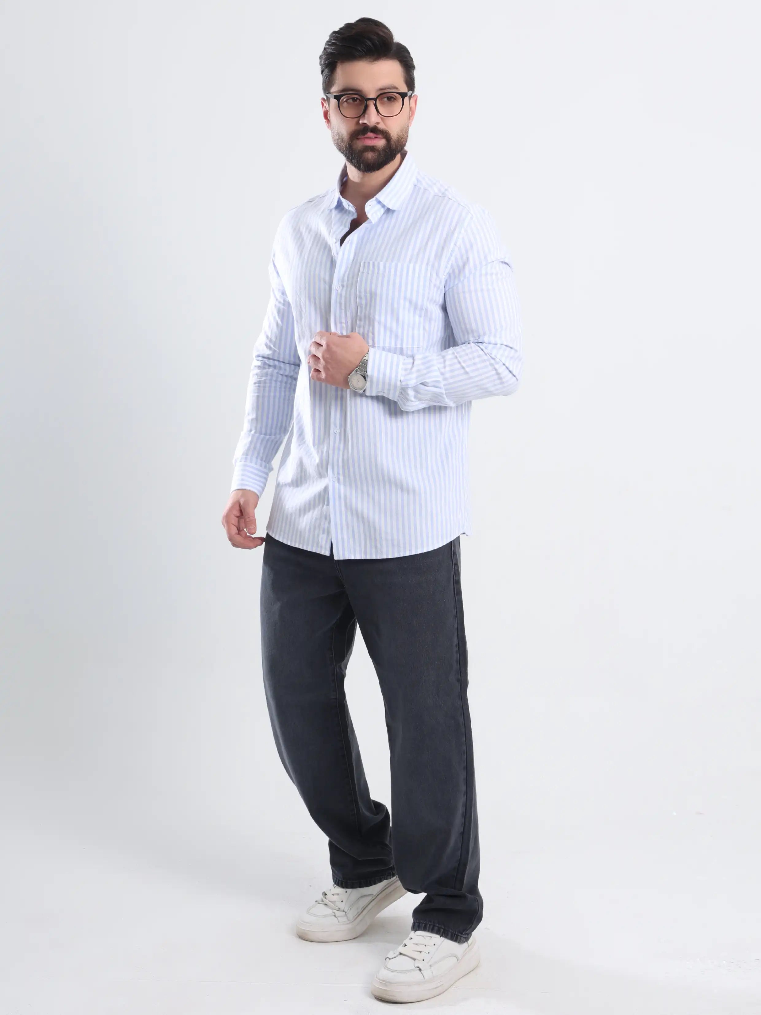 Relaxed fit Striped shirt - Striped Light blue