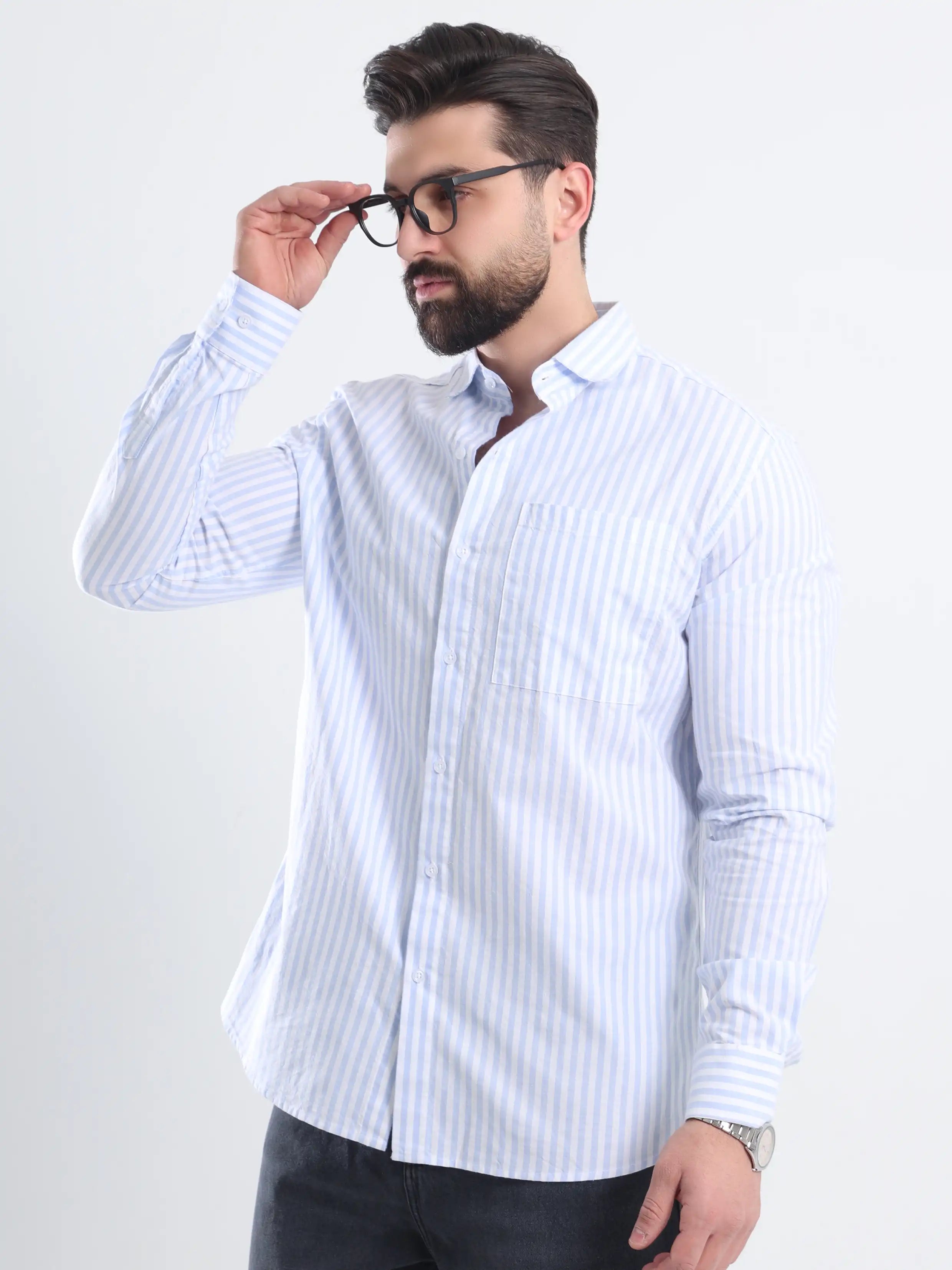 Relaxed fit Striped shirt - Striped Light blue