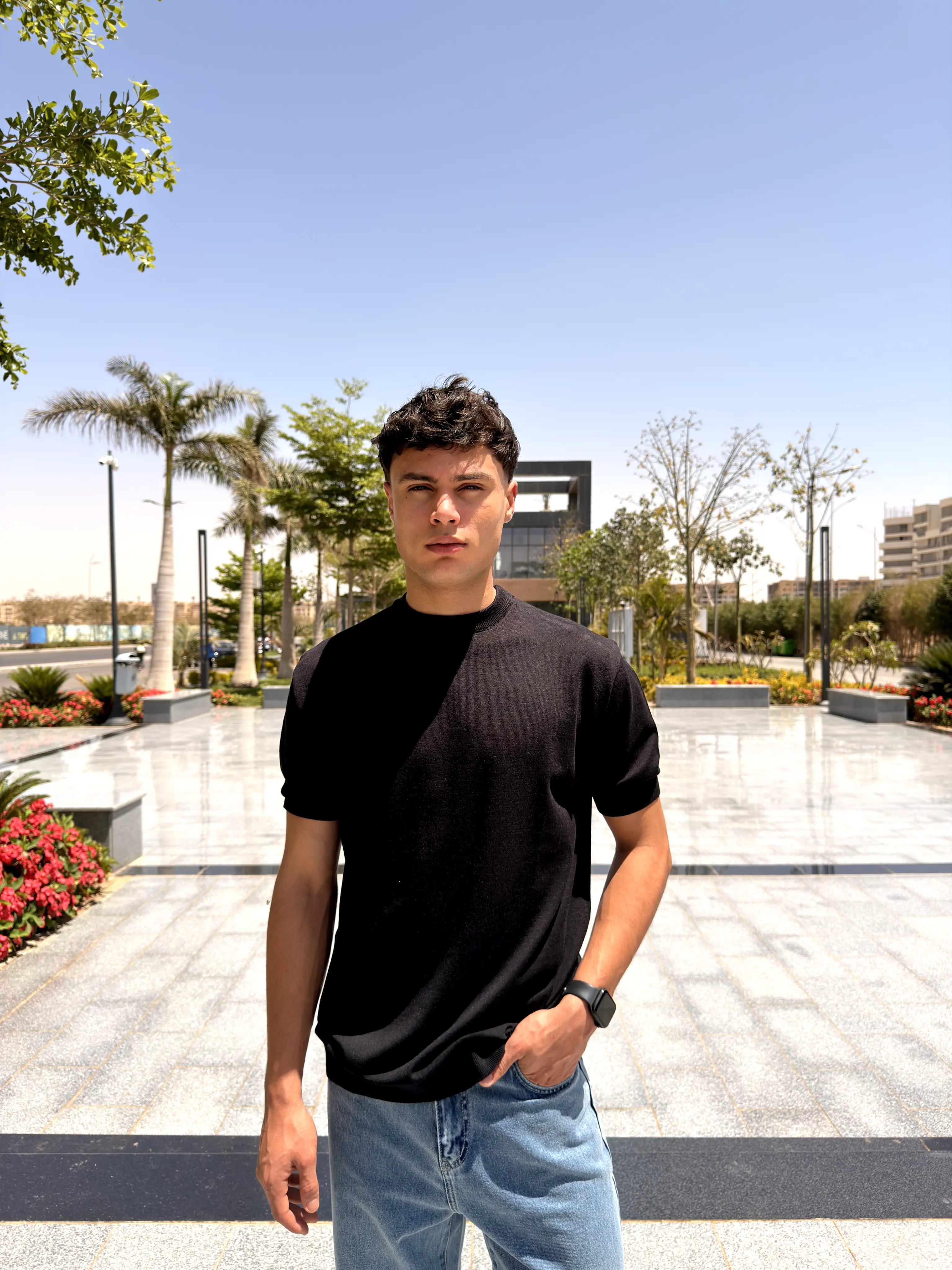 REGULAR FIT SOFT KNIT T-SHIRT -  Black