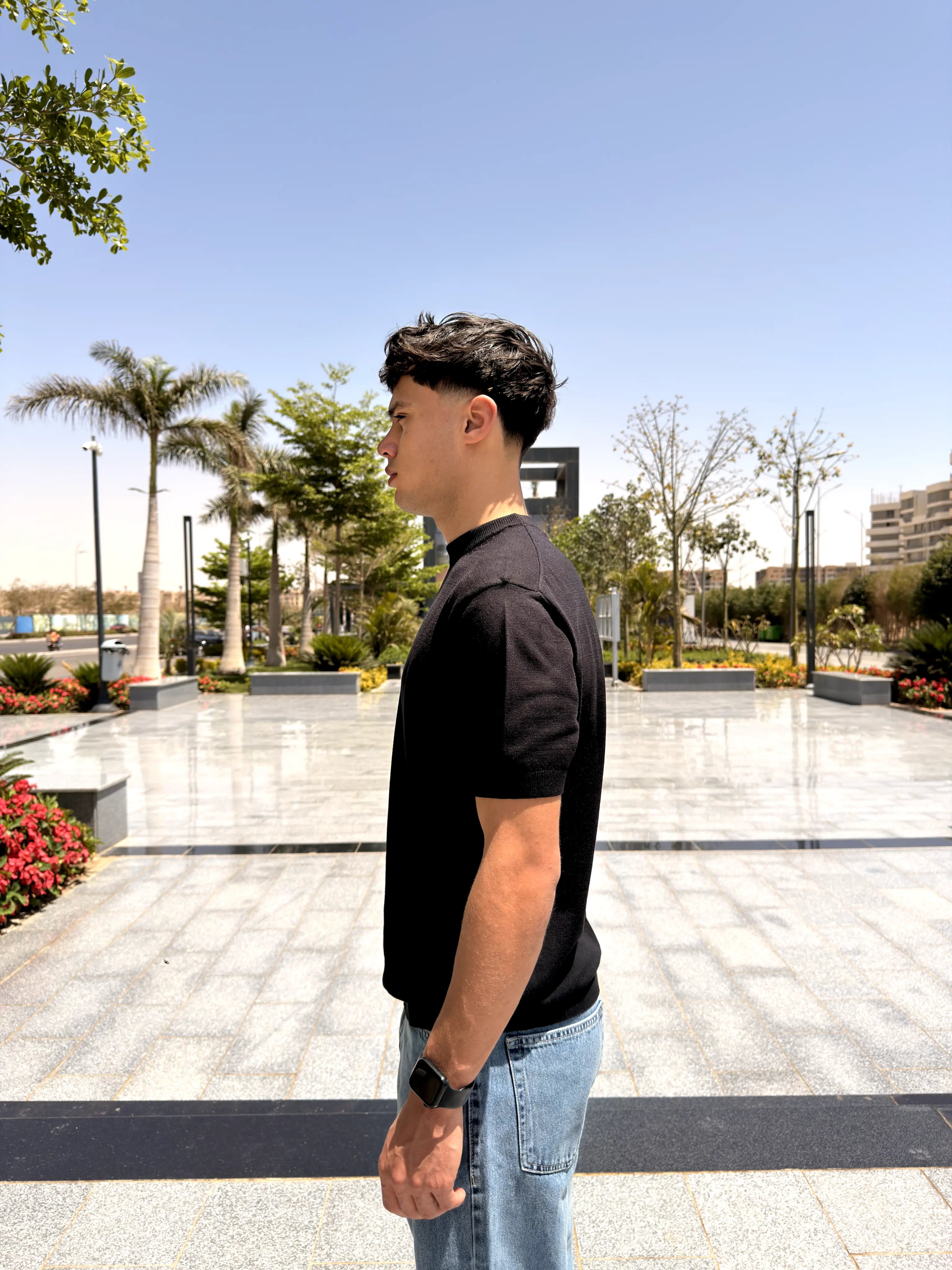 REGULAR FIT SOFT KNIT T-SHIRT -  Black
