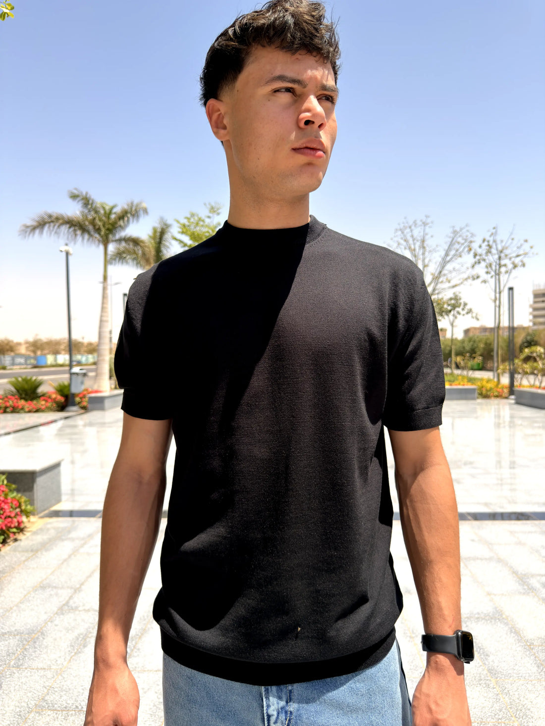 REGULAR FIT SOFT KNIT T-SHIRT -  Black