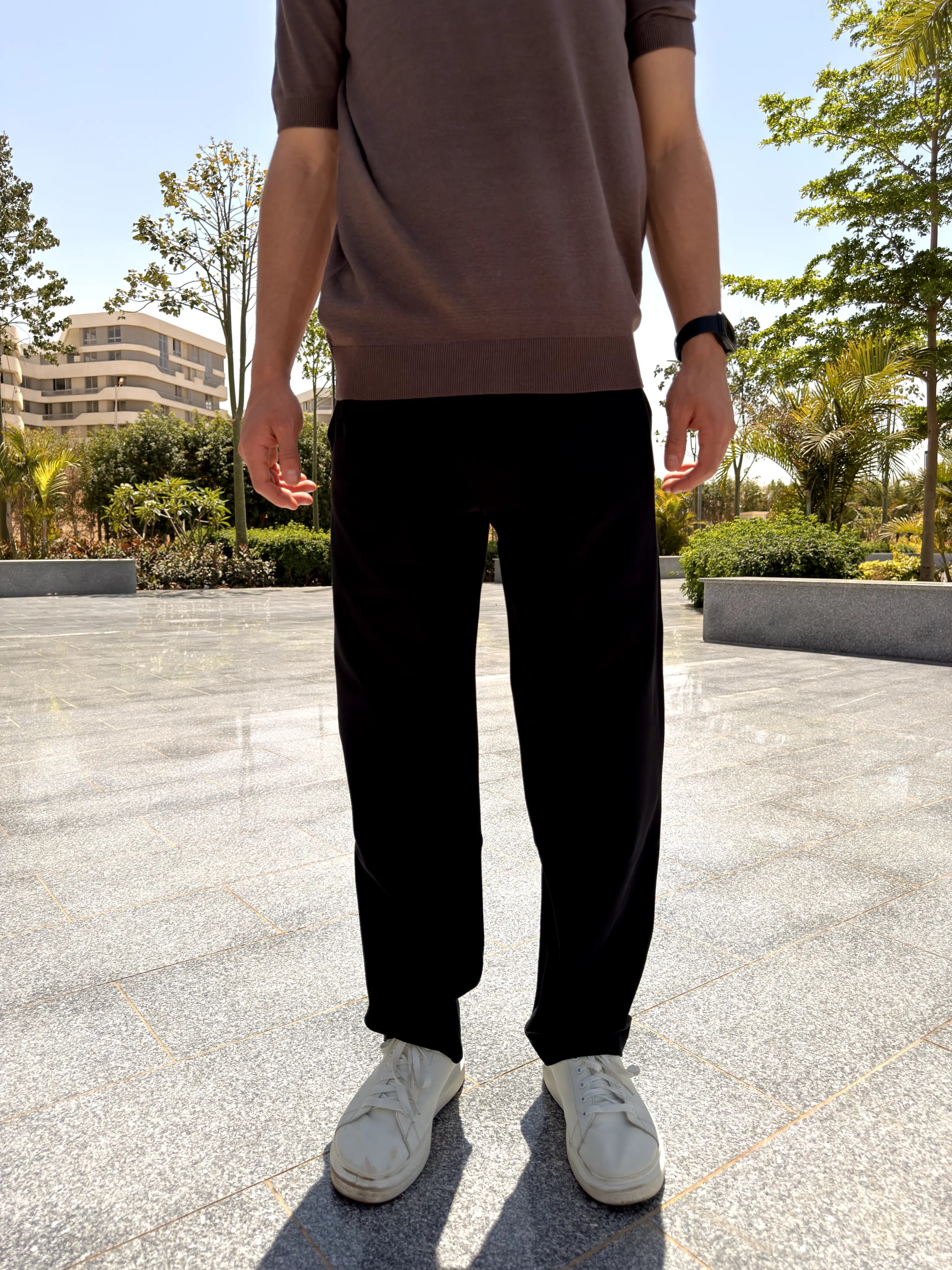 REGULAR FIT  TEXTURED COTTON PANTS - Black