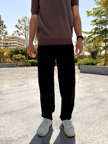REGULAR FIT  TEXTURED COTTON PANTS - Black