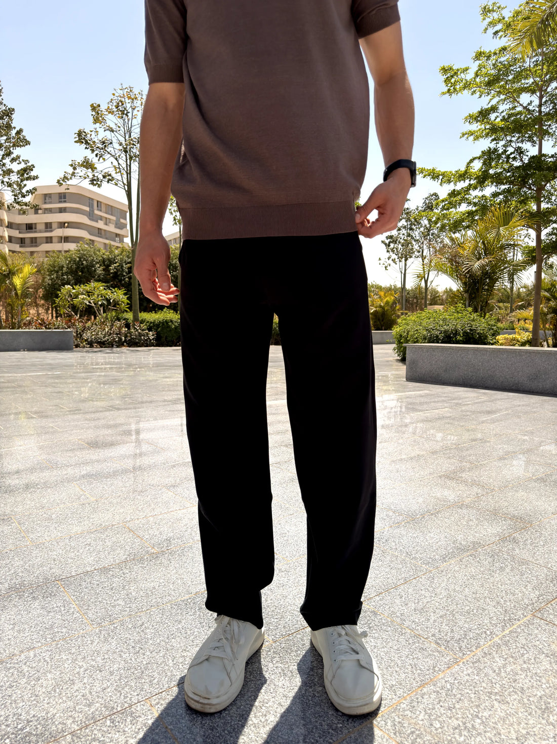 REGULAR FIT  TEXTURED COTTON PANTS - Black